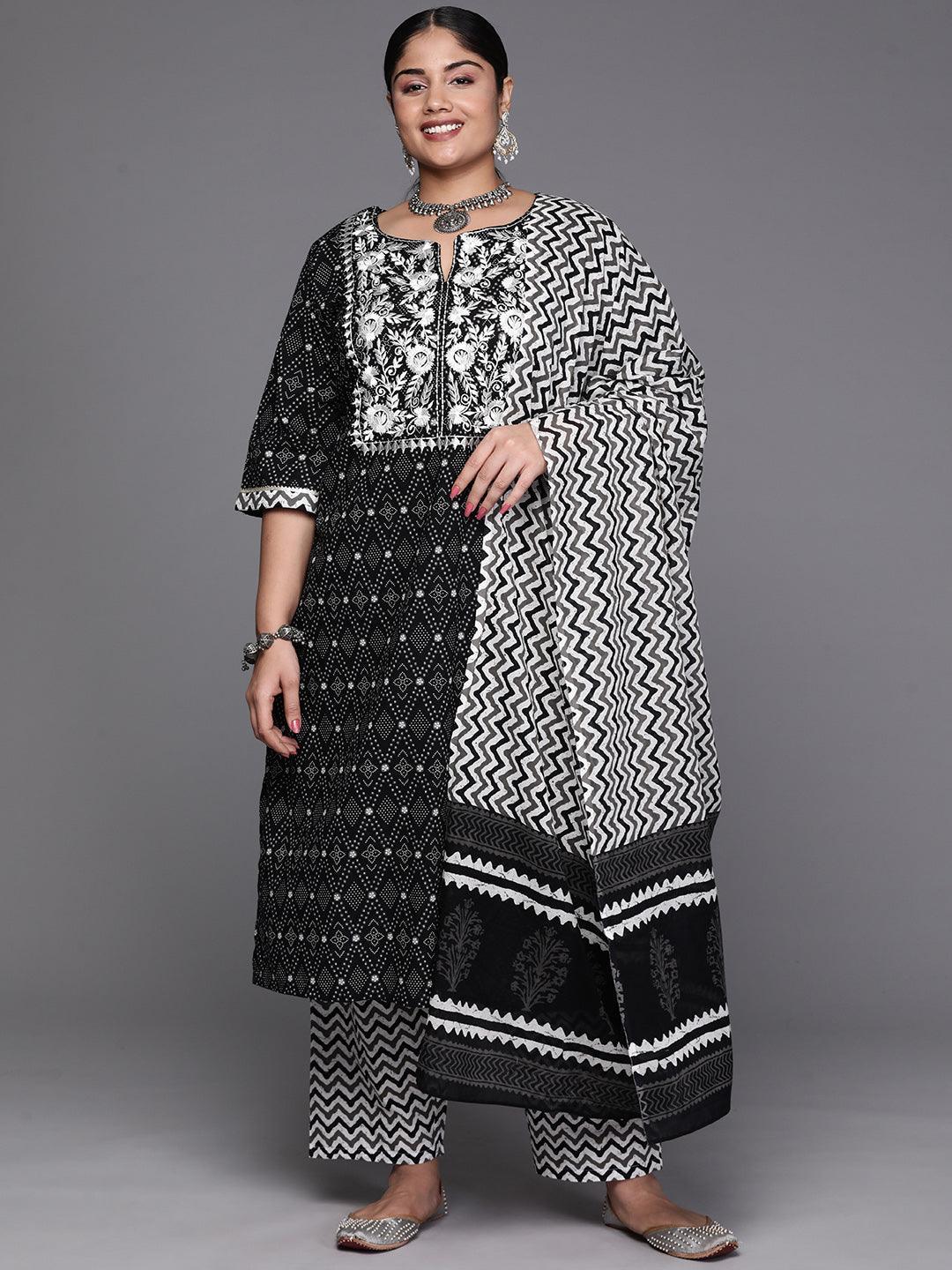 Black Yoke Design Cotton Straight Kurta With Trousers & Dupatta