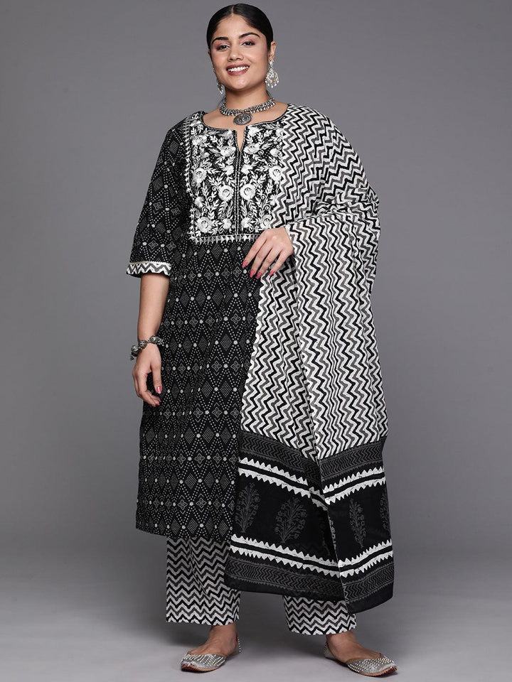 Black Yoke Design Cotton Straight Kurta With Trousers & Dupatta - Libas