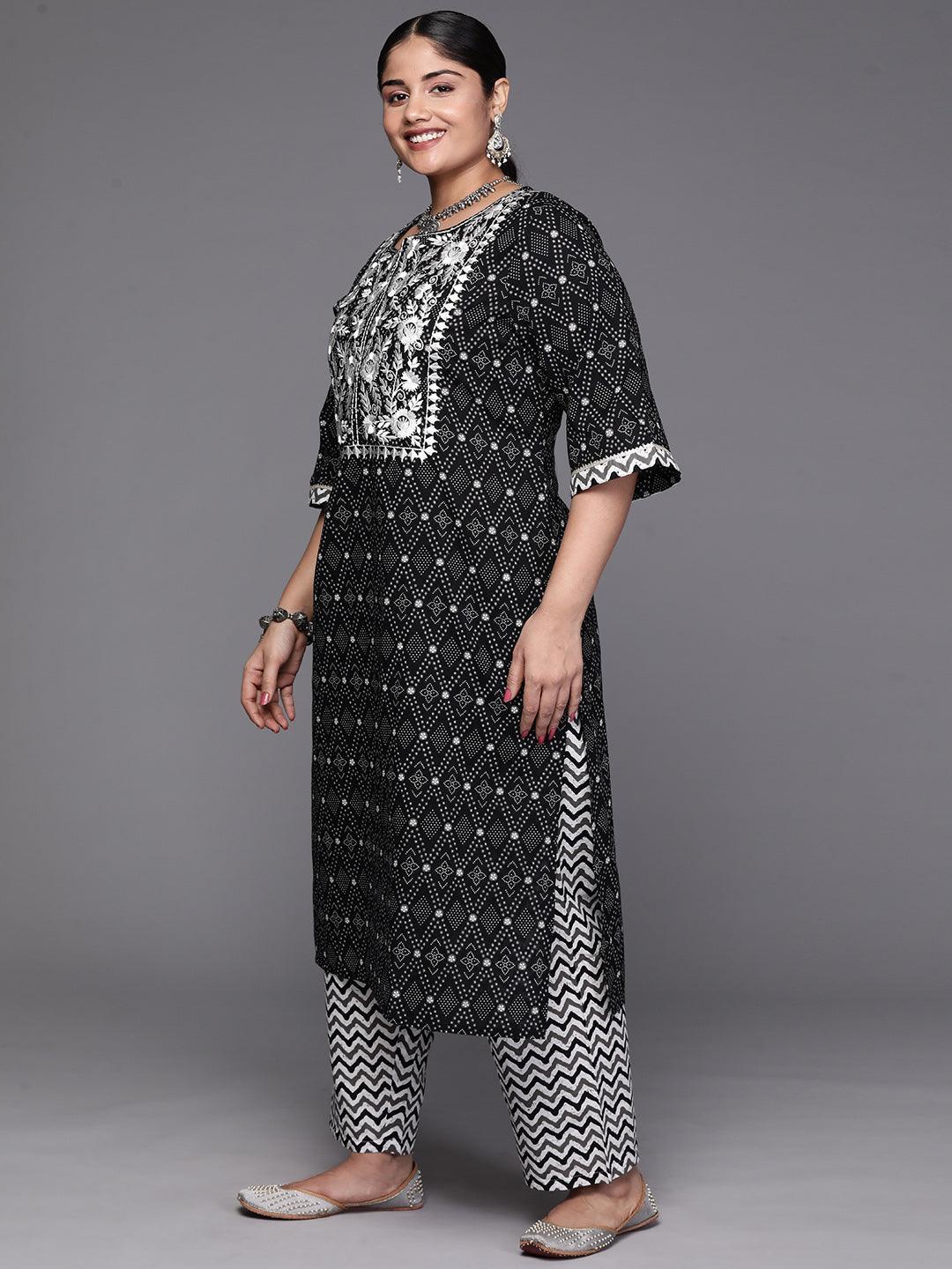 Black Yoke Design Cotton Straight Kurta With Trousers & Dupatta