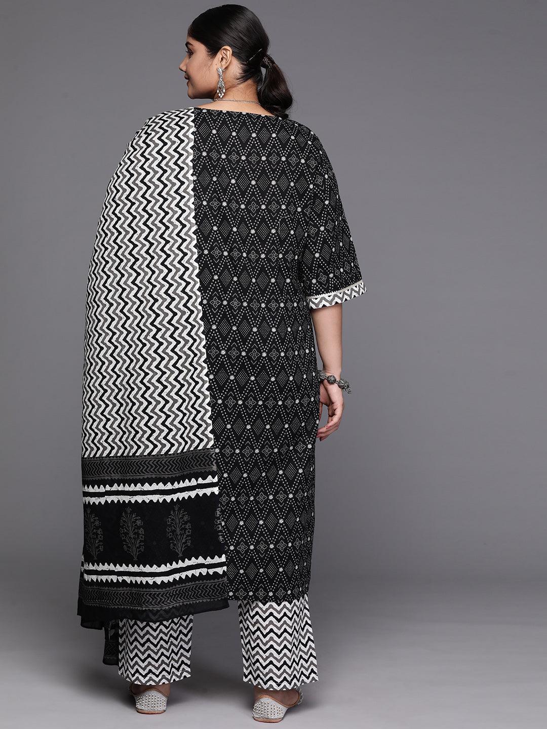 Black Yoke Design Cotton Straight Kurta With Trousers & Dupatta