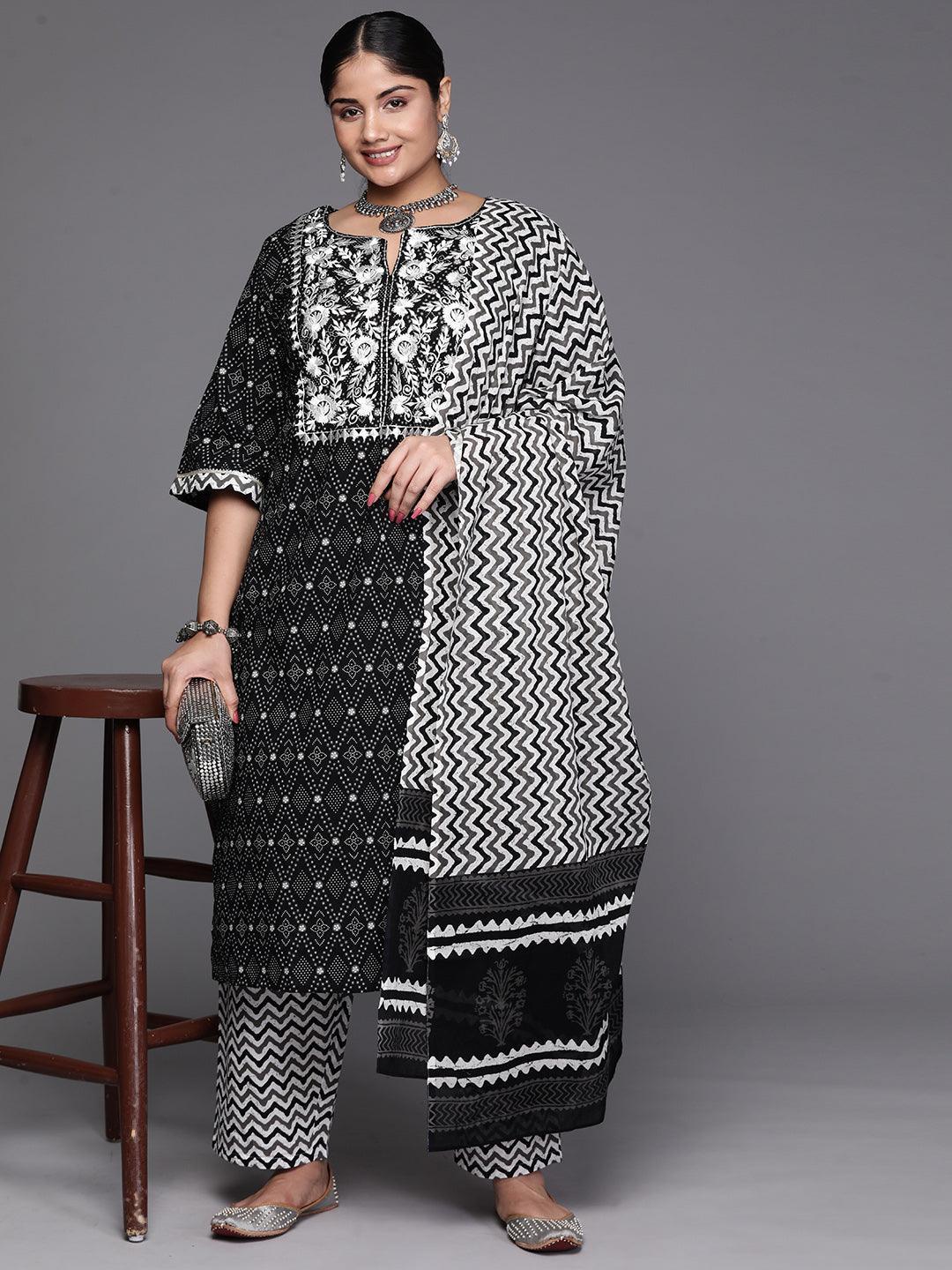 Black Yoke Design Cotton Straight Kurta With Trousers & Dupatta