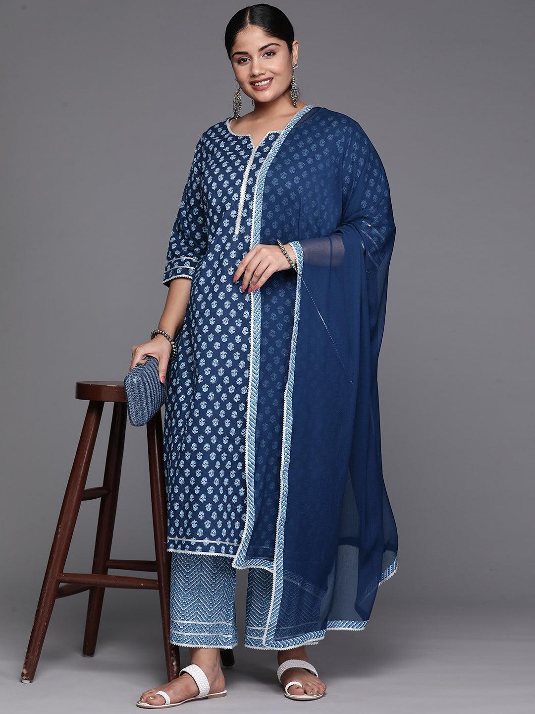 Black Yoke Design Cotton Straight Kurta With Trousers & Dupatta