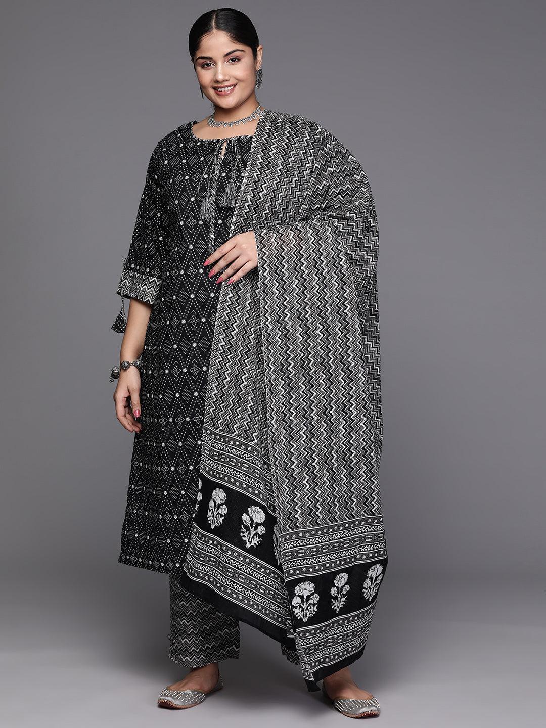 Black Yoke Design Cotton Straight Kurta With Trousers & Dupatta