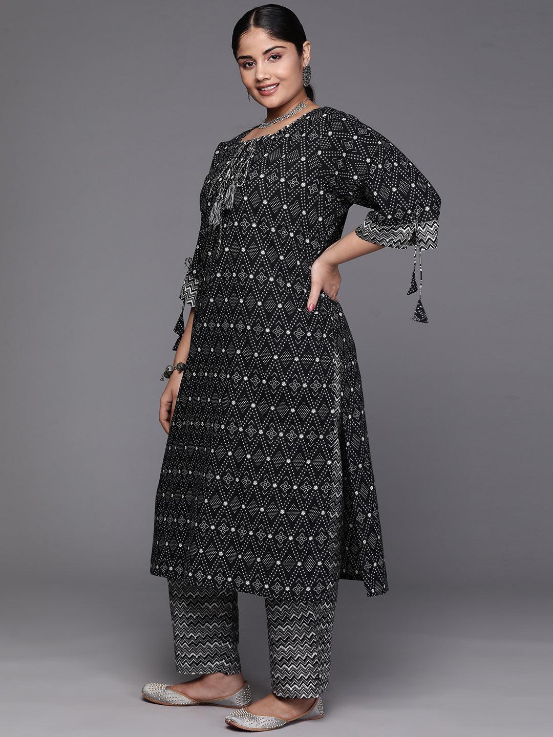 Black Yoke Design Cotton Straight Kurta With Trousers & Dupatta