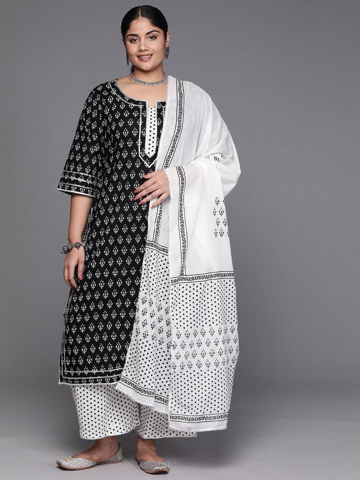 Black Yoke Design Cotton Straight Kurta With Trousers & Dupatta - Libas