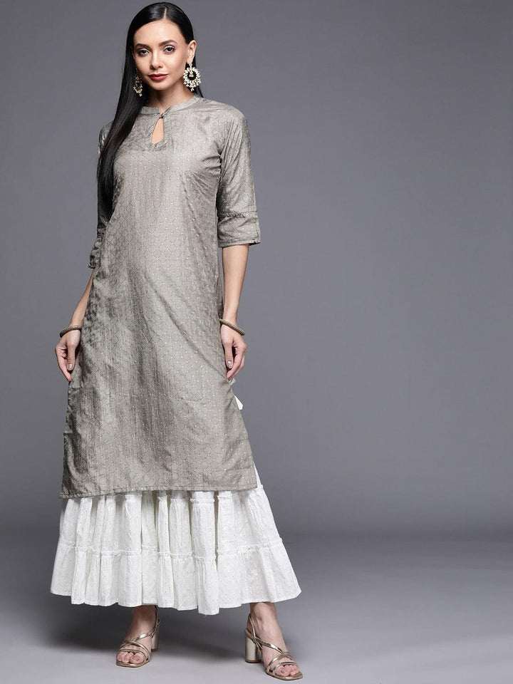 Grey Printed Chanderi Silk Kurta - ShopLibas