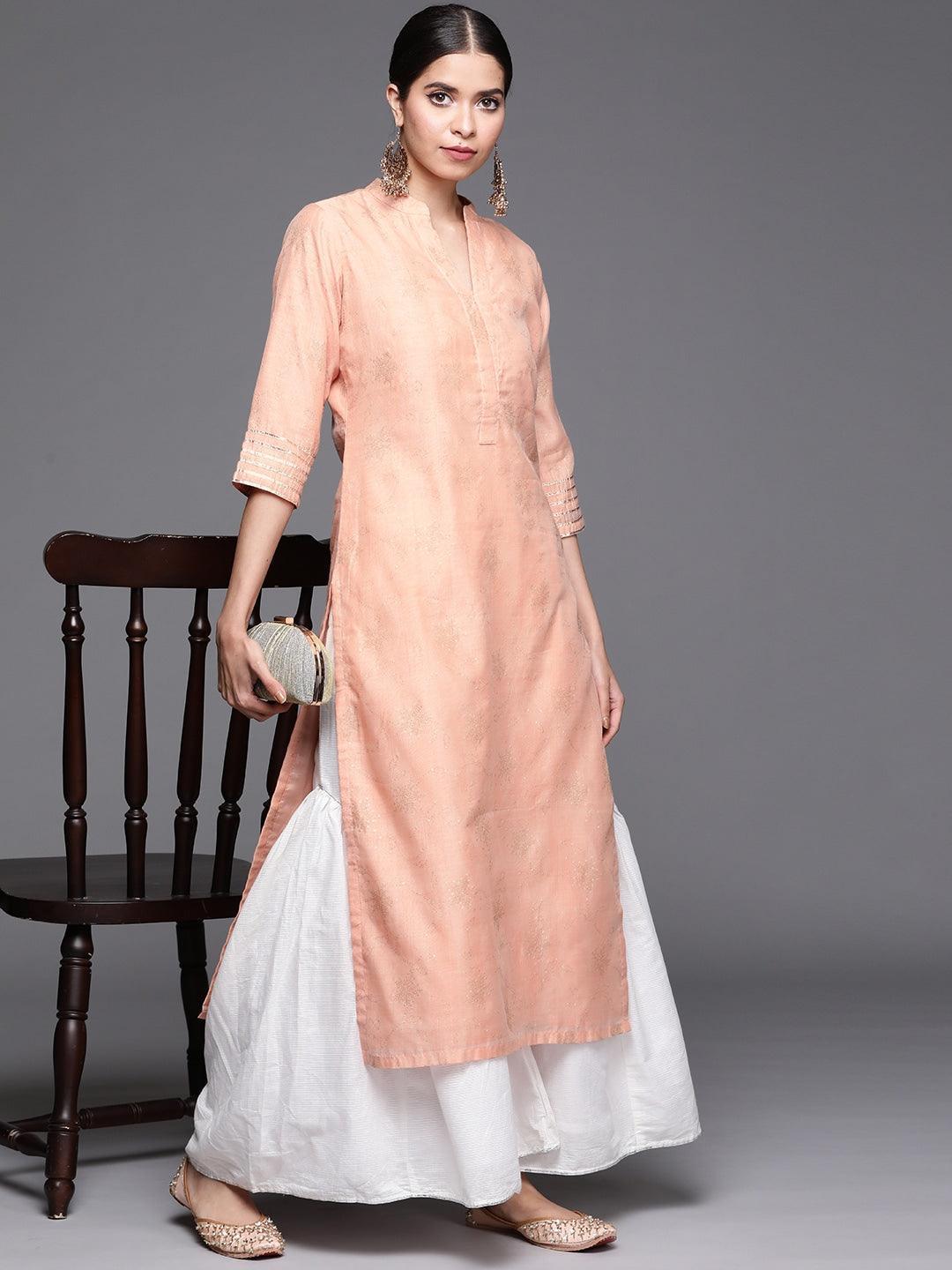 Peach Printed Chanderi Silk Kurta