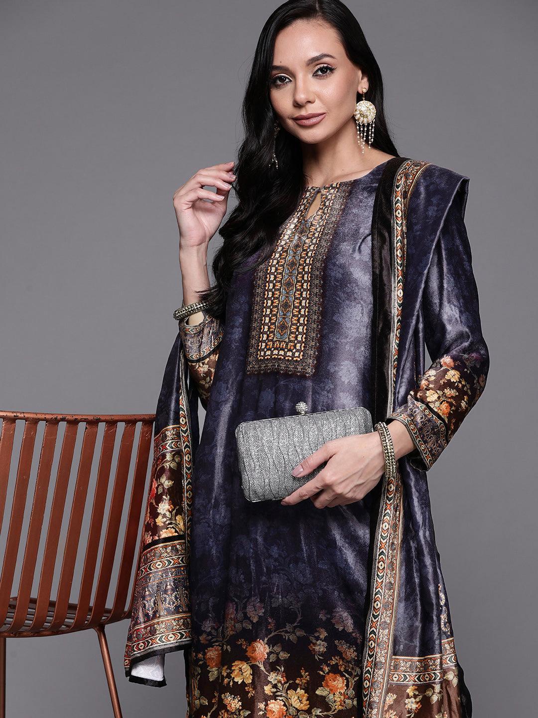 Navy Blue Printed Velvet Suit Set - ShopLibas