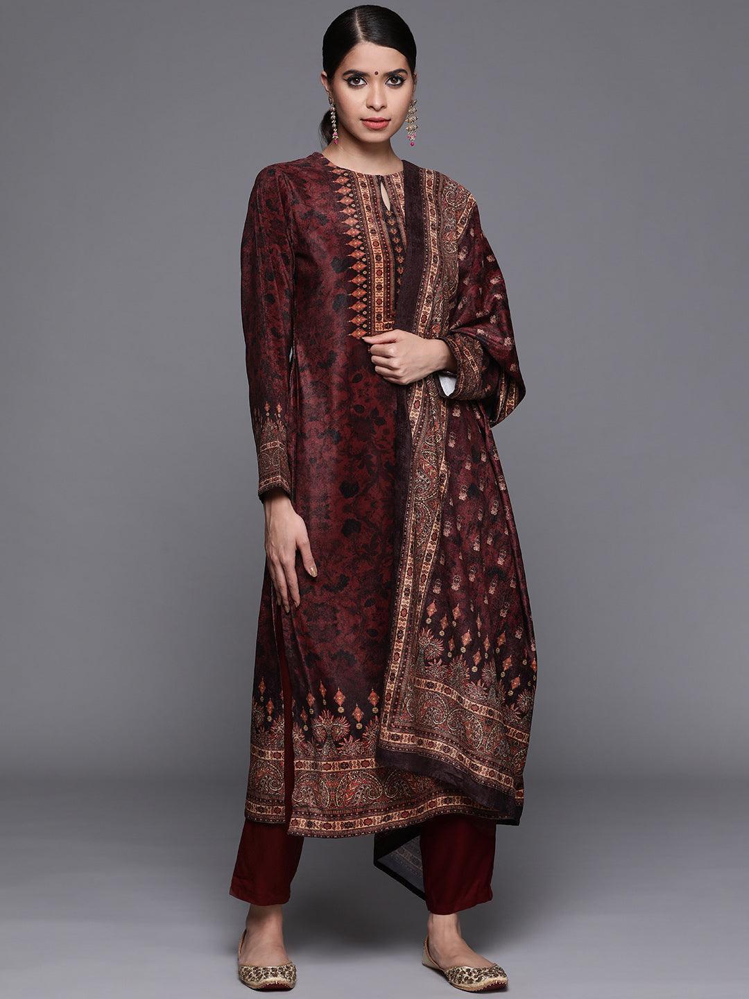 Maroon Printed Velvet Suit Set