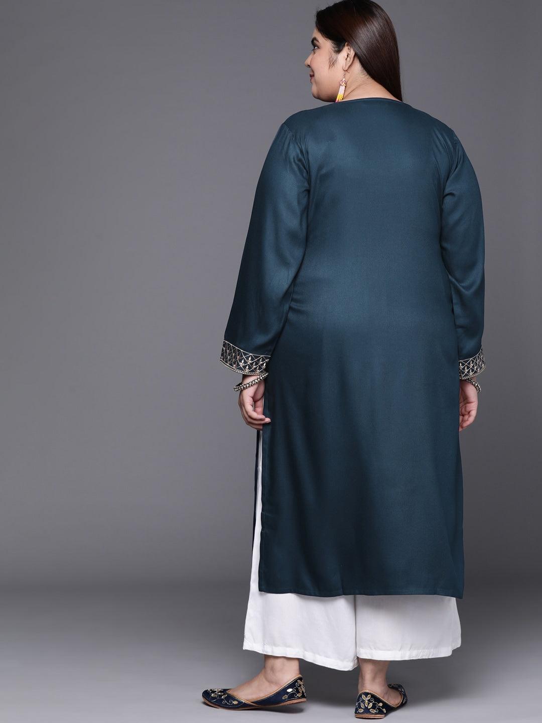 Plus Size Teal Blue Solid Wool Kurta