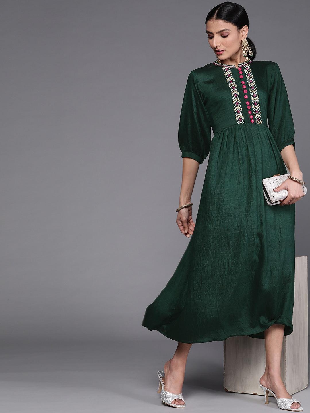 Green Embroidered Viscose Rayon Dress