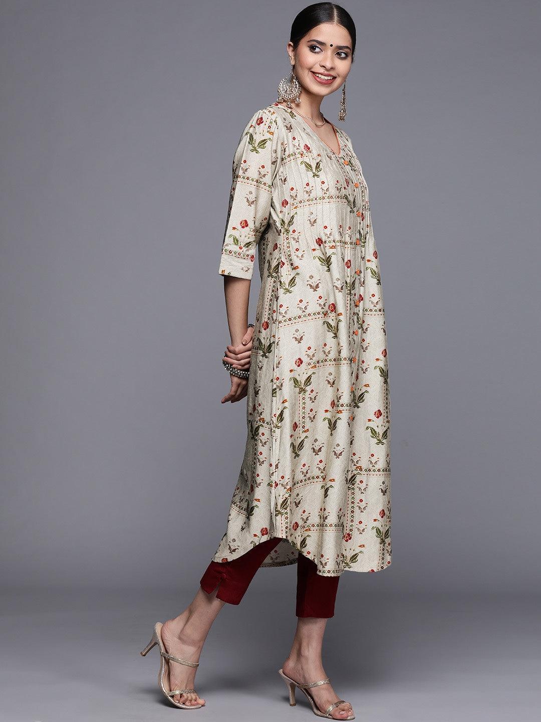 Grey Printed Chanderi Silk Kurta