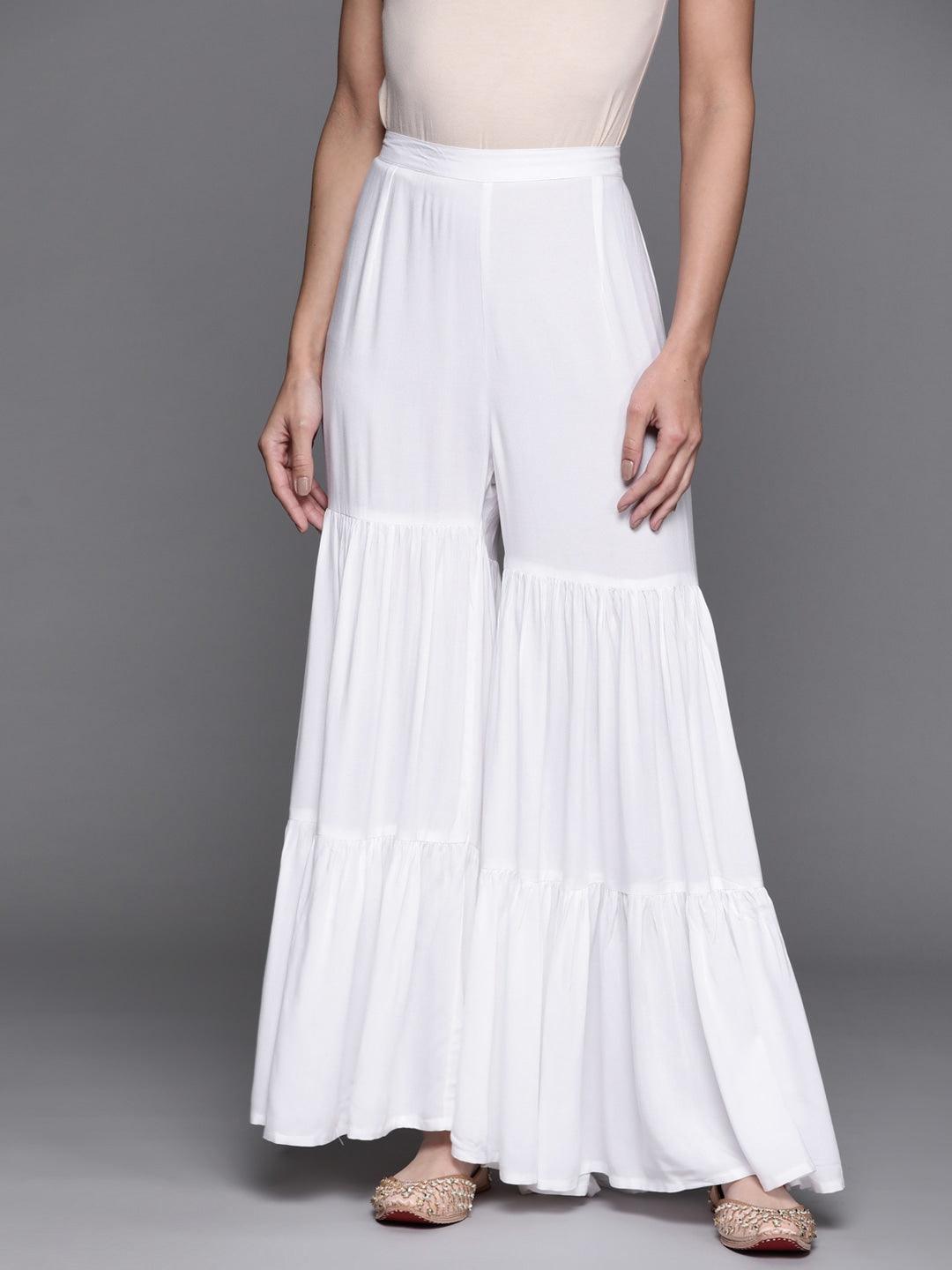 White Solid Rayon Sharara Pants - ShopLibas