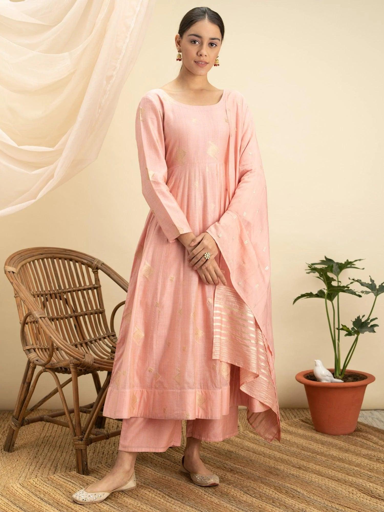 Pink Self Design Silk Suit Set