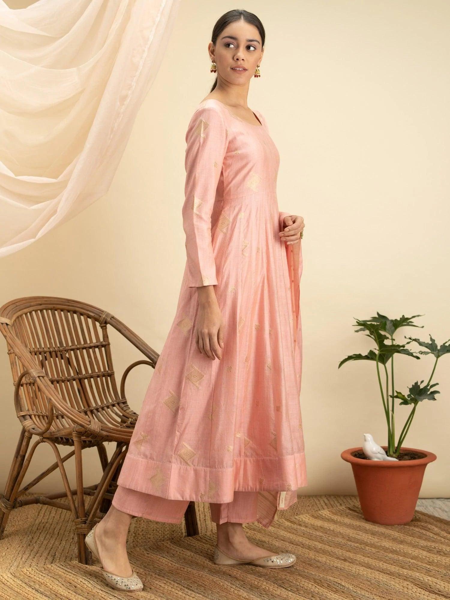 Pink Self Design Silk Suit Set