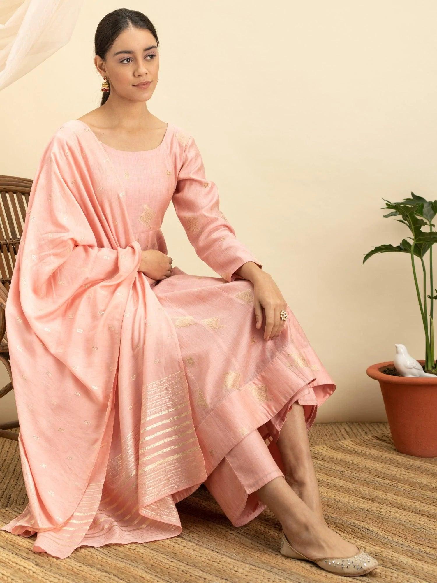 Pink Self Design Silk Suit Set