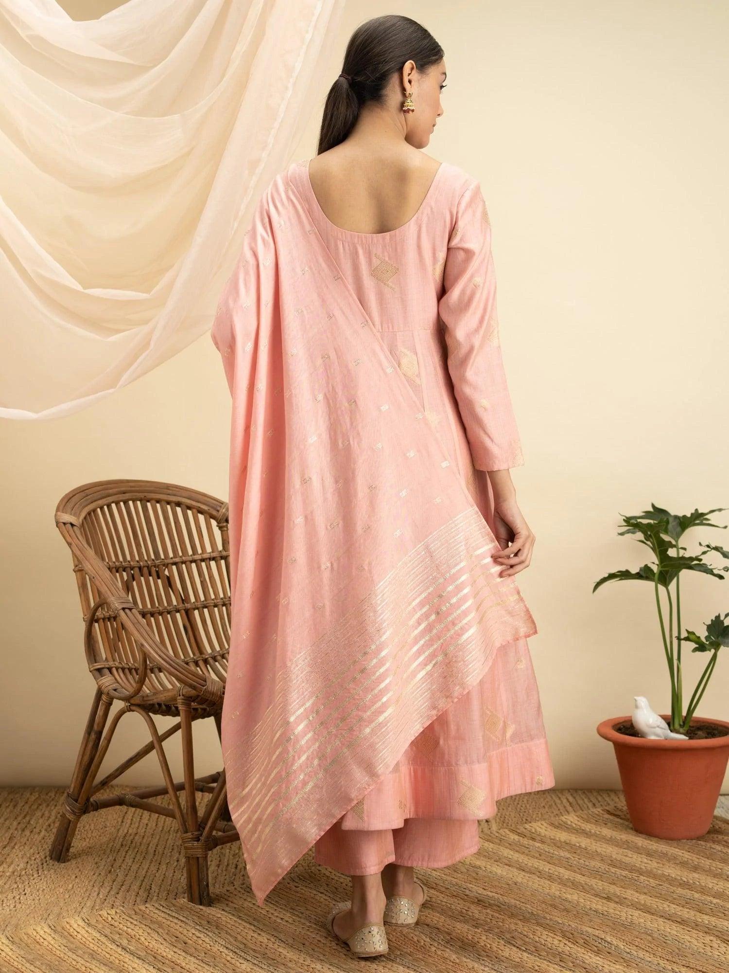 Pink Self Design Silk Suit Set