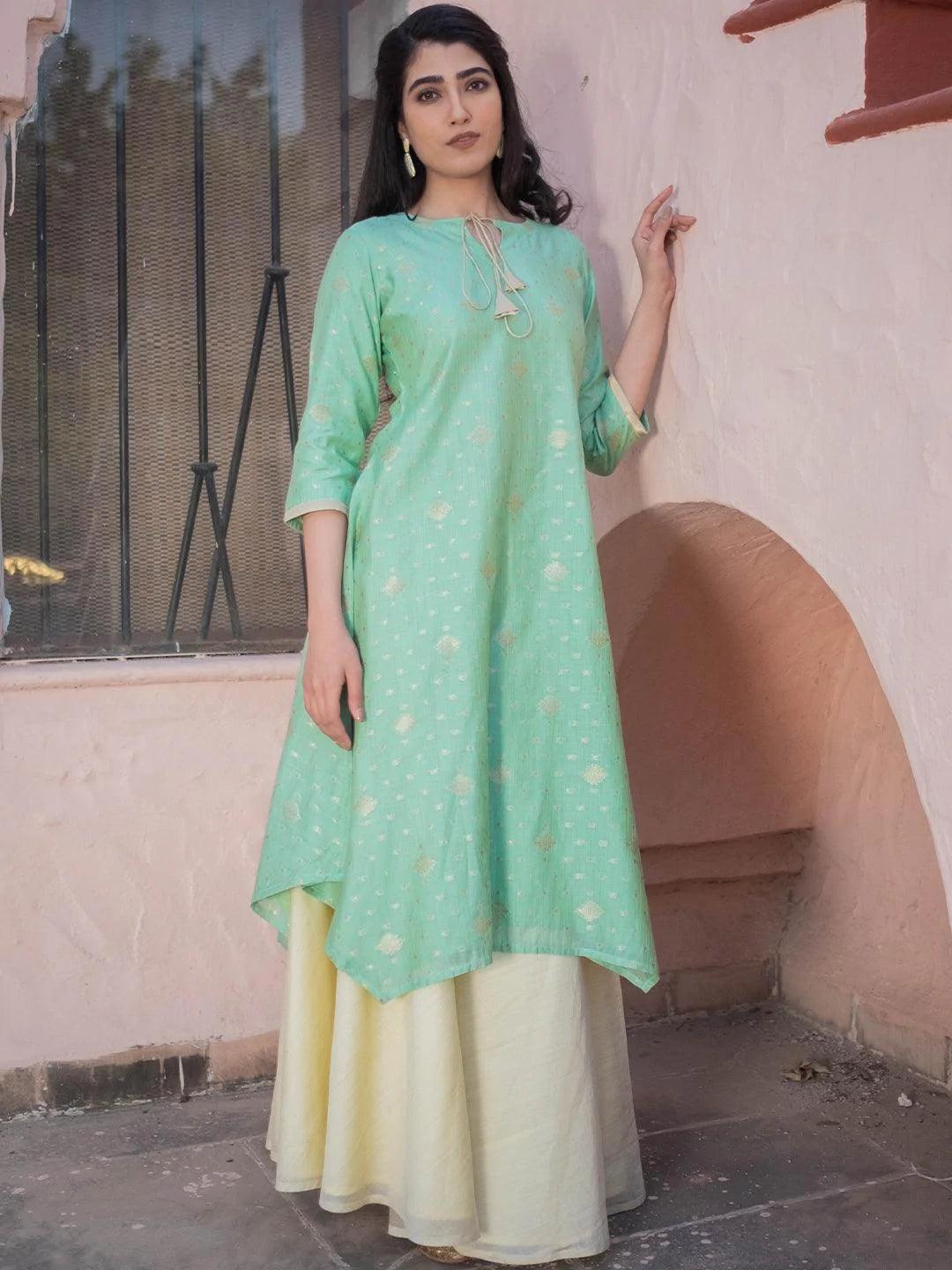 Green Self Design Silk Kurta Set