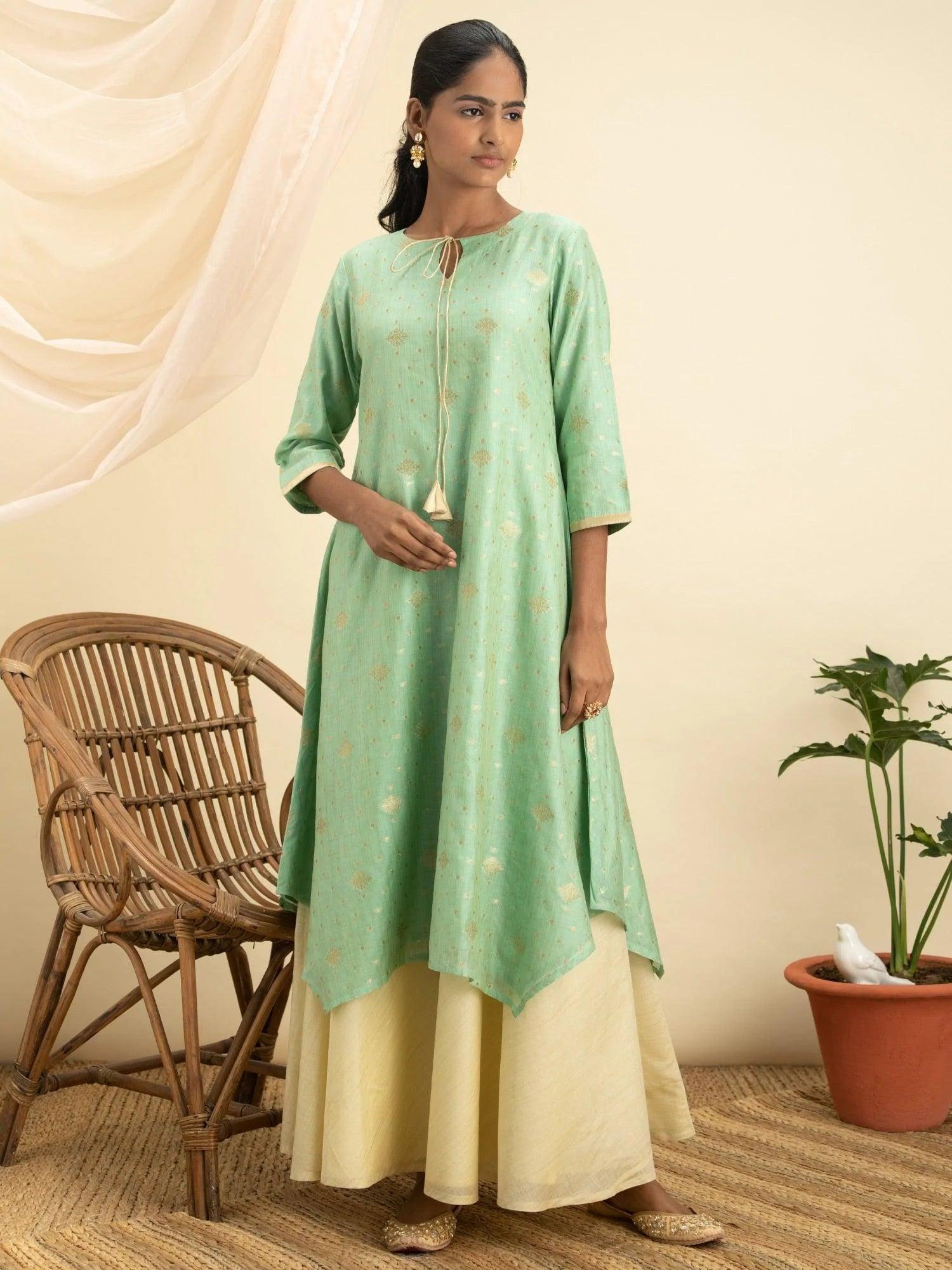 Green Self Design Silk Kurta Set