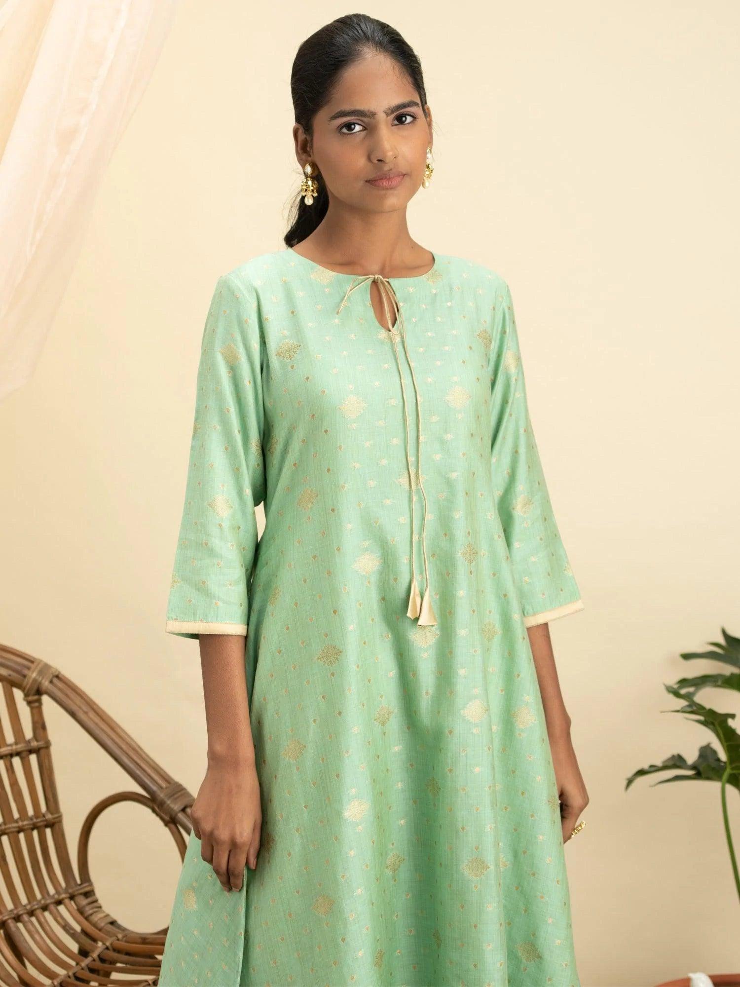 Green Self Design Silk Kurta Set