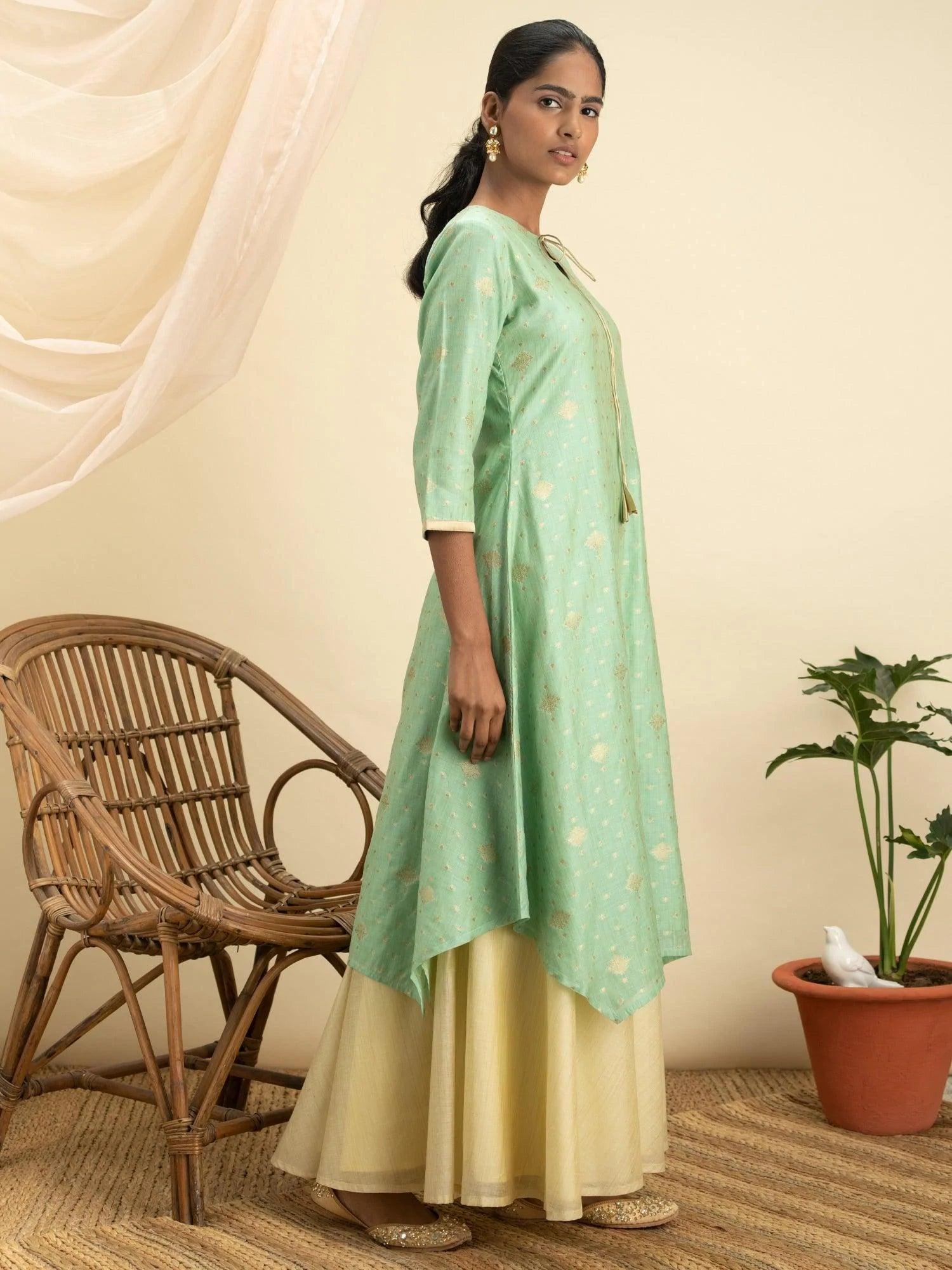 Green Self Design Silk Kurta Set