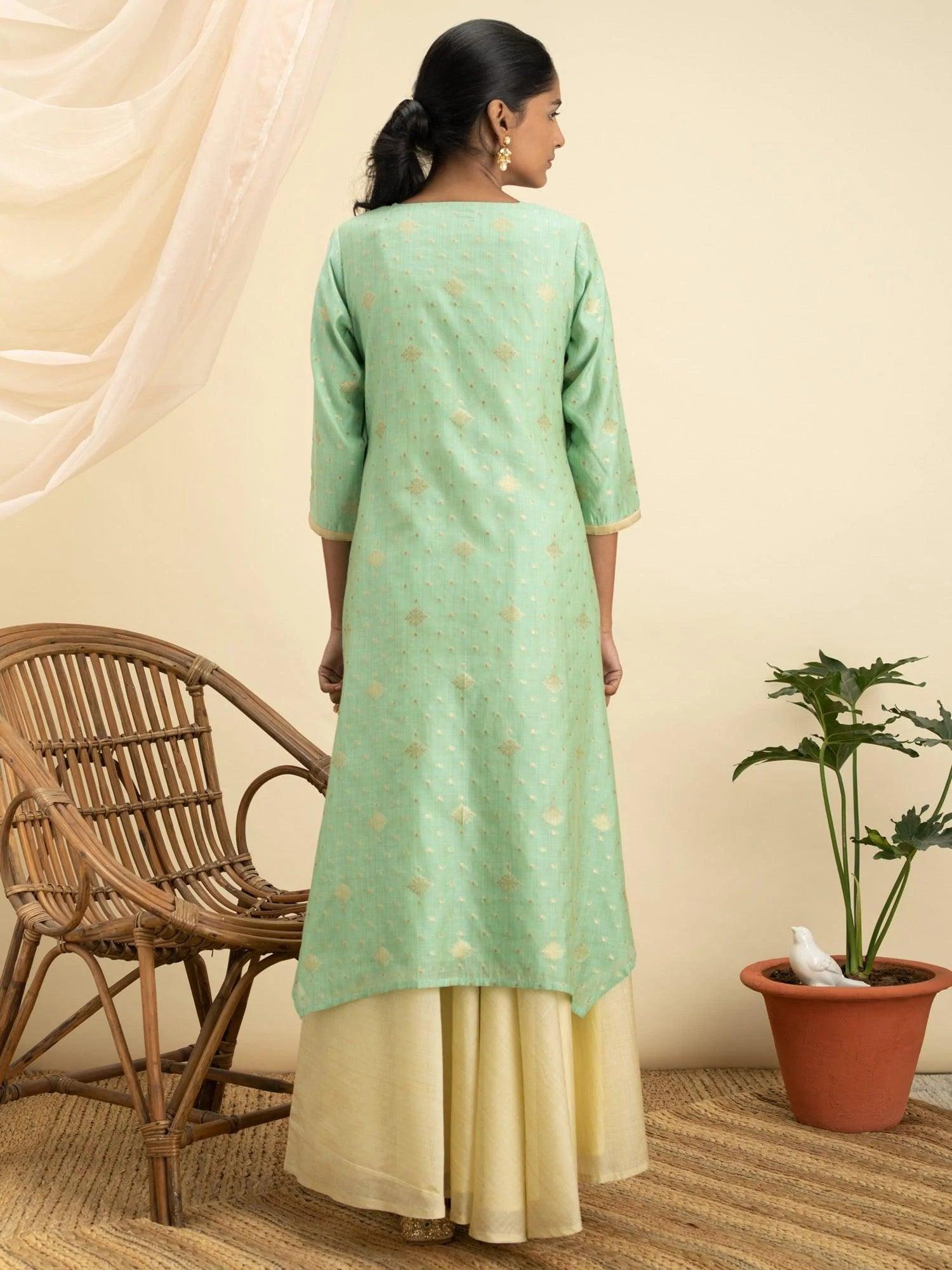 Green Self Design Silk Kurta Set