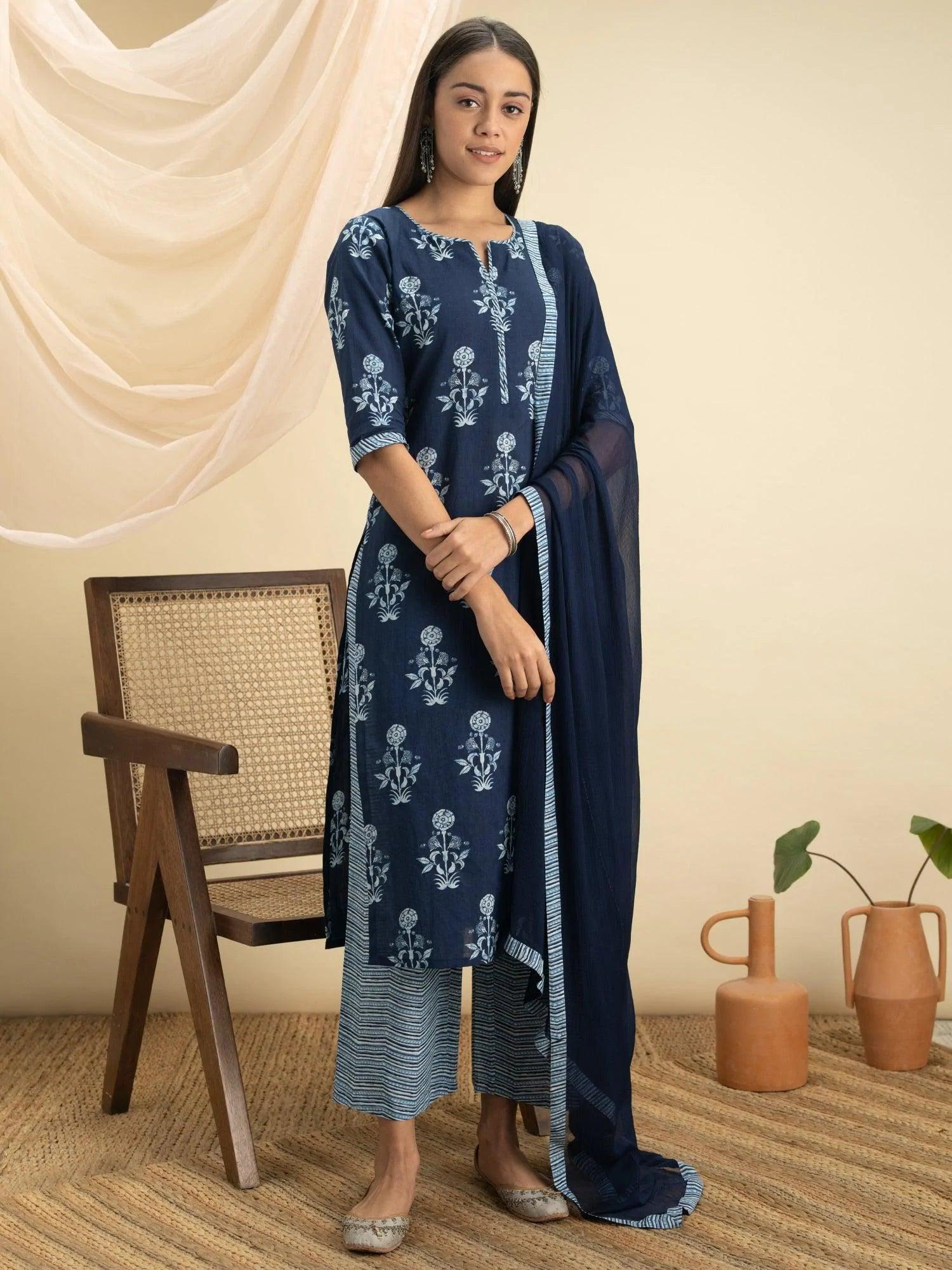 Indigo Printed Cotton Suit Set