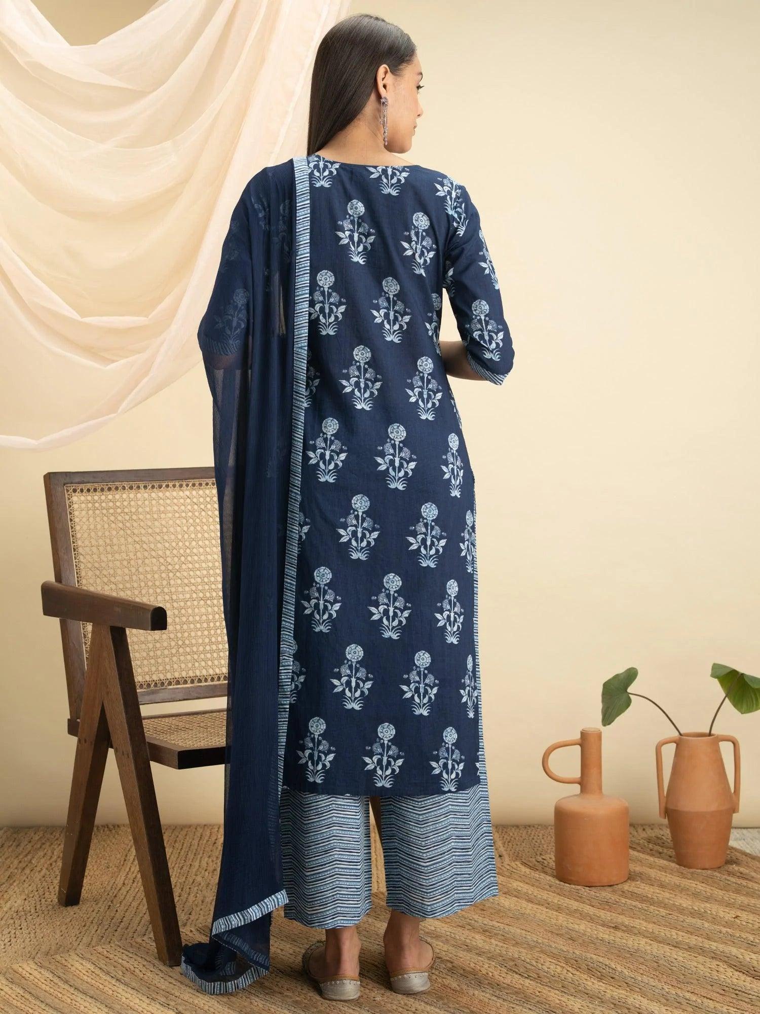 Indigo Printed Cotton Suit Set