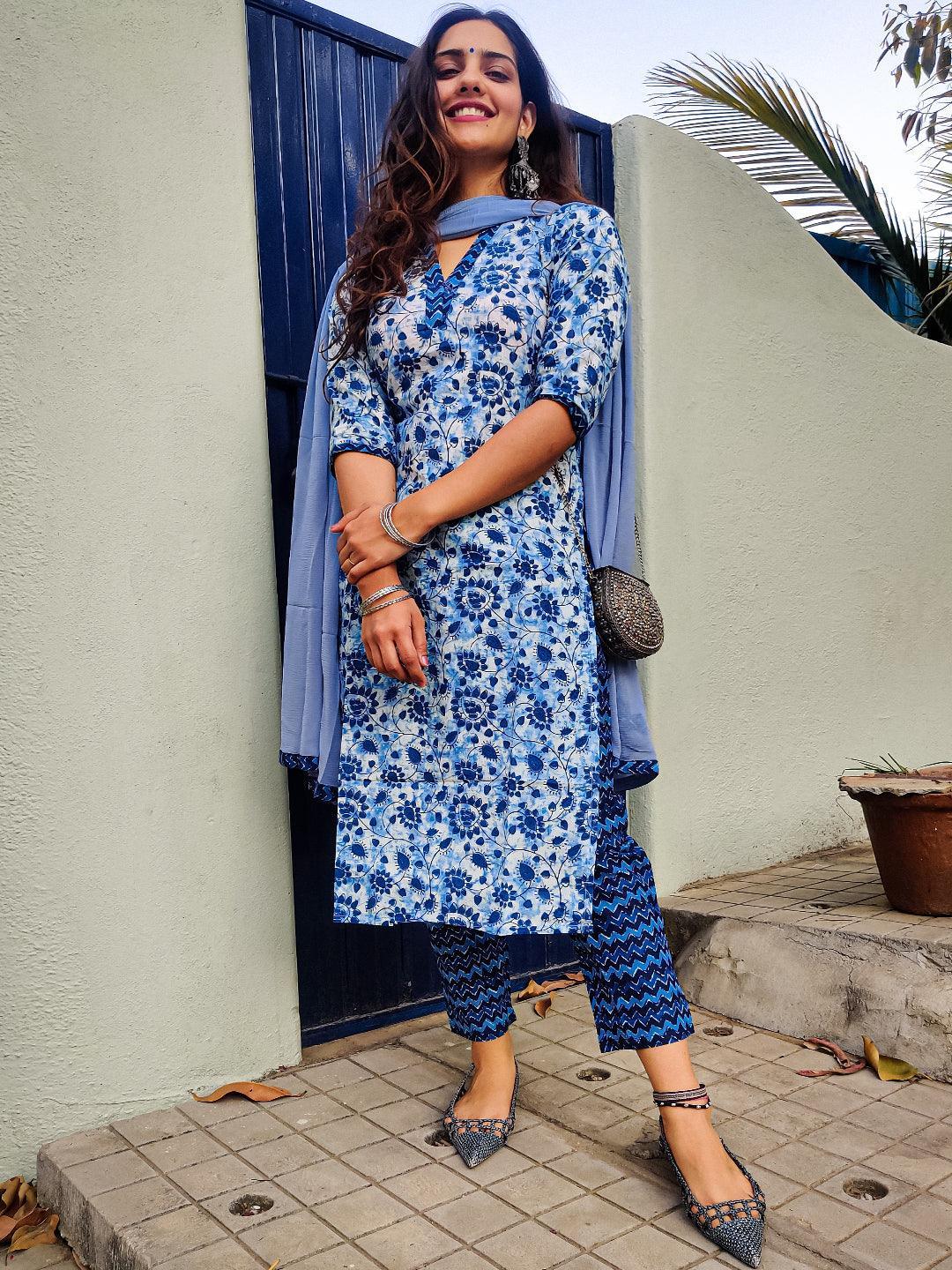 Indigo Printed Cotton Suit Set