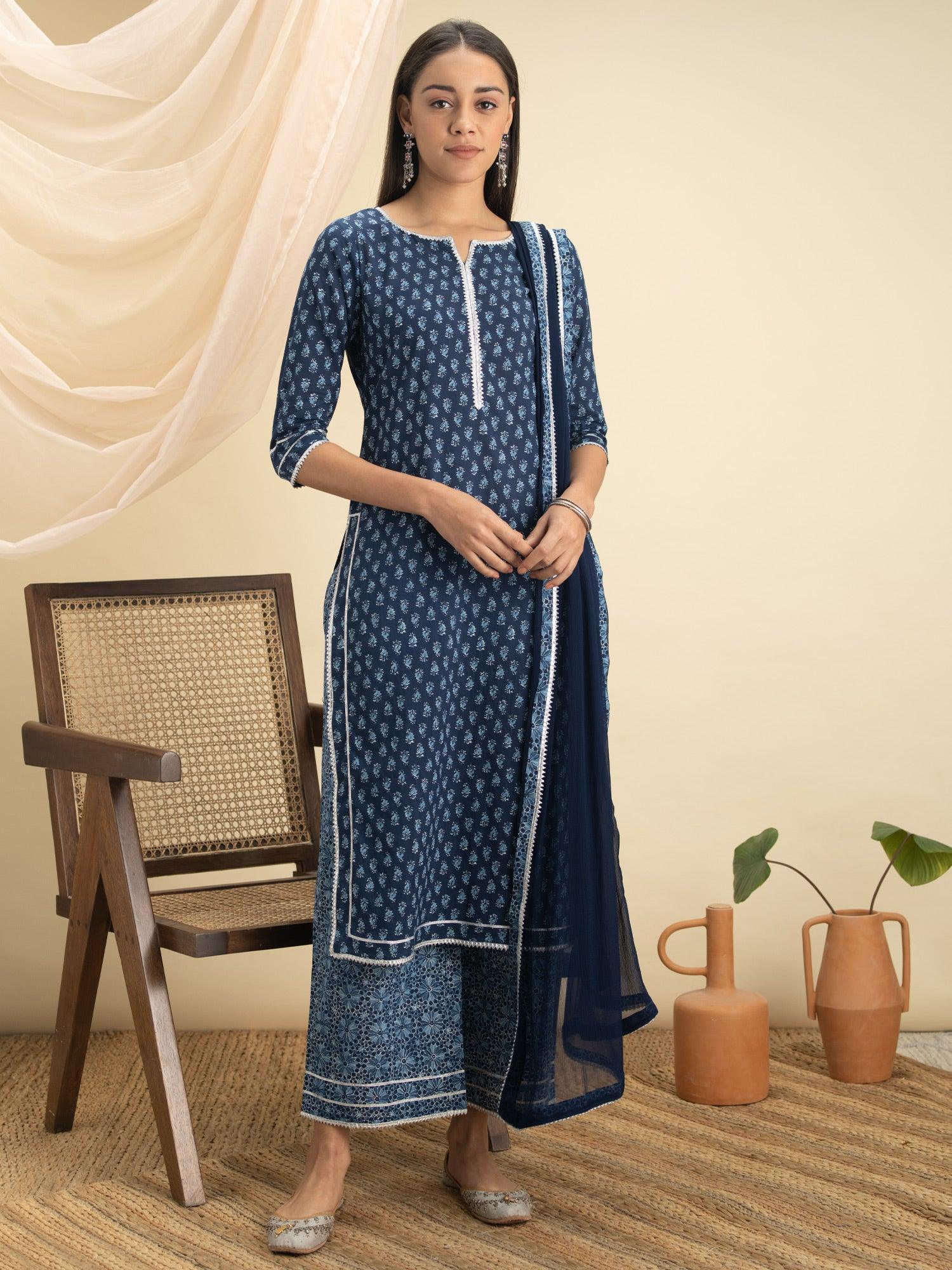 Indigo Printed Cotton Suit Set