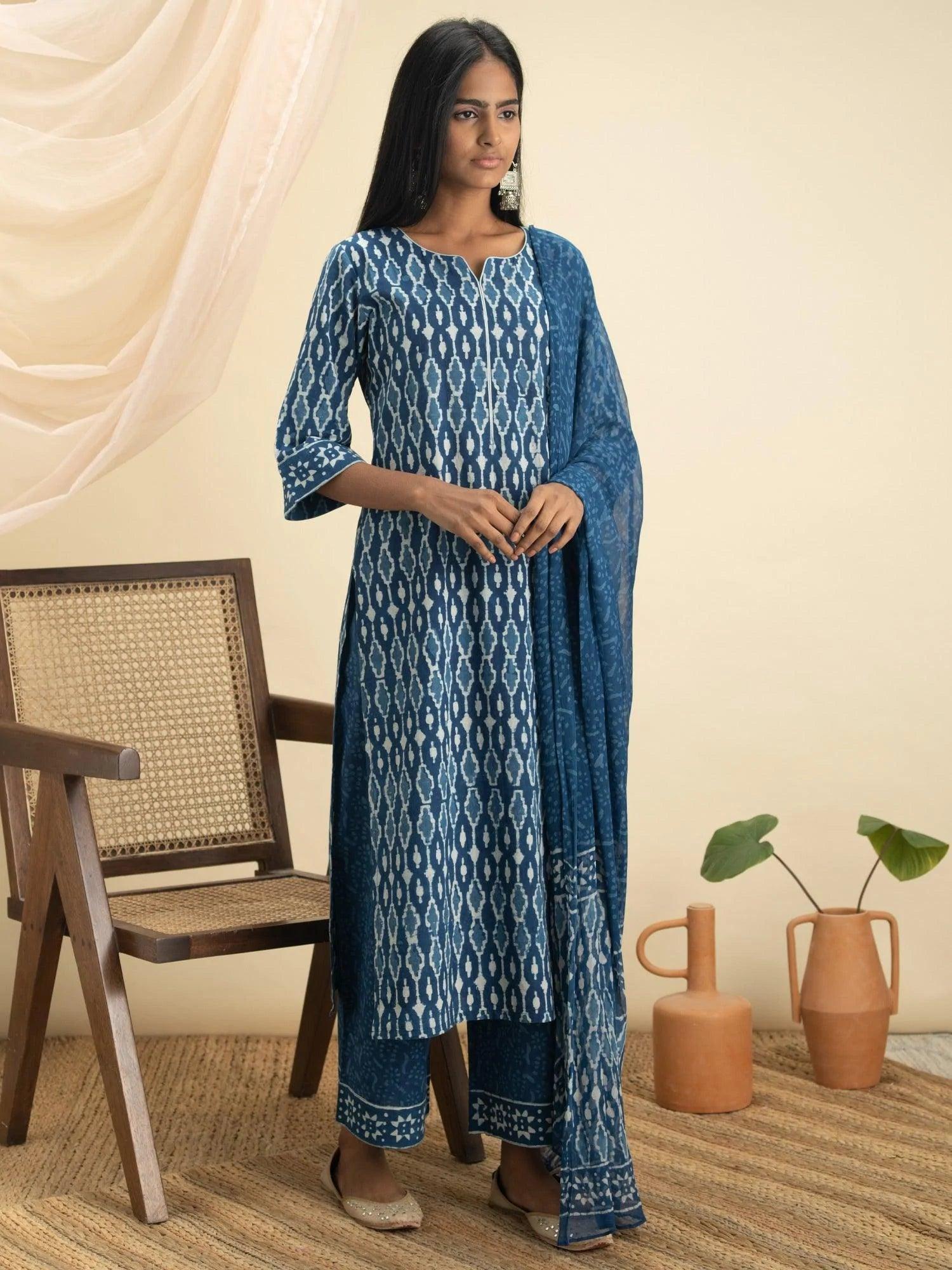 Indigo Printed Cotton Suit Set