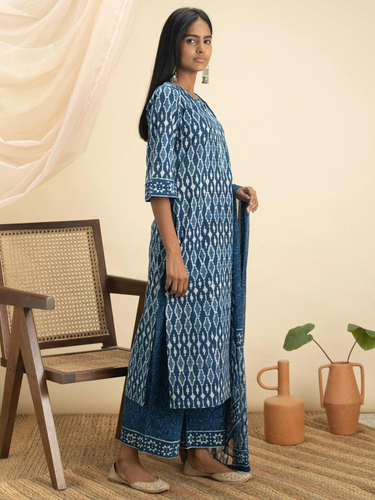 Indigo Printed Cotton Suit Set