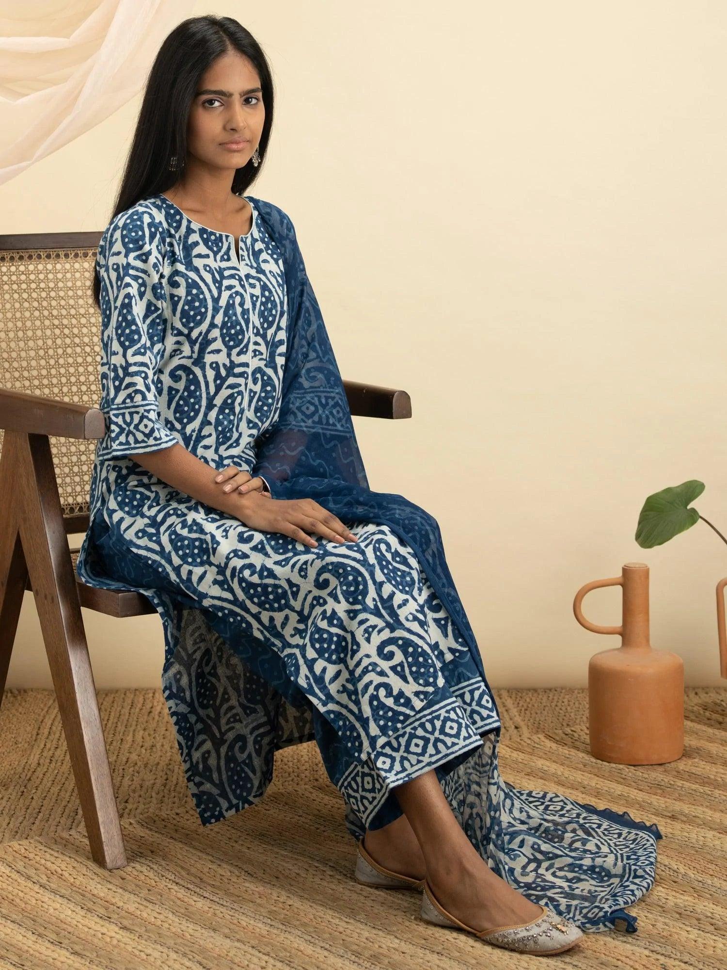 Indigo Printed Cotton Suit Set