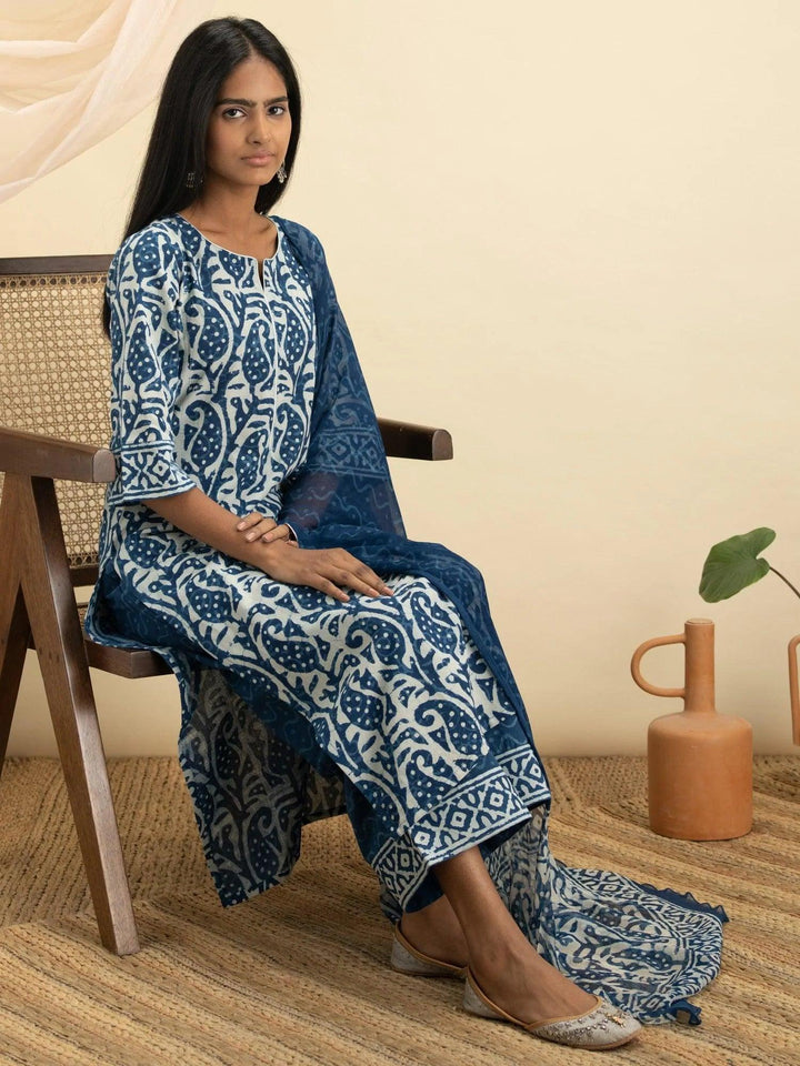 Indigo Printed Cotton Suit Set - ShopLibas