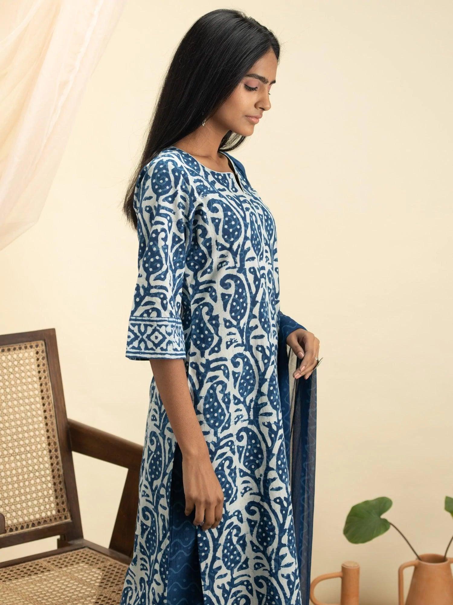 Indigo Printed Cotton Suit Set