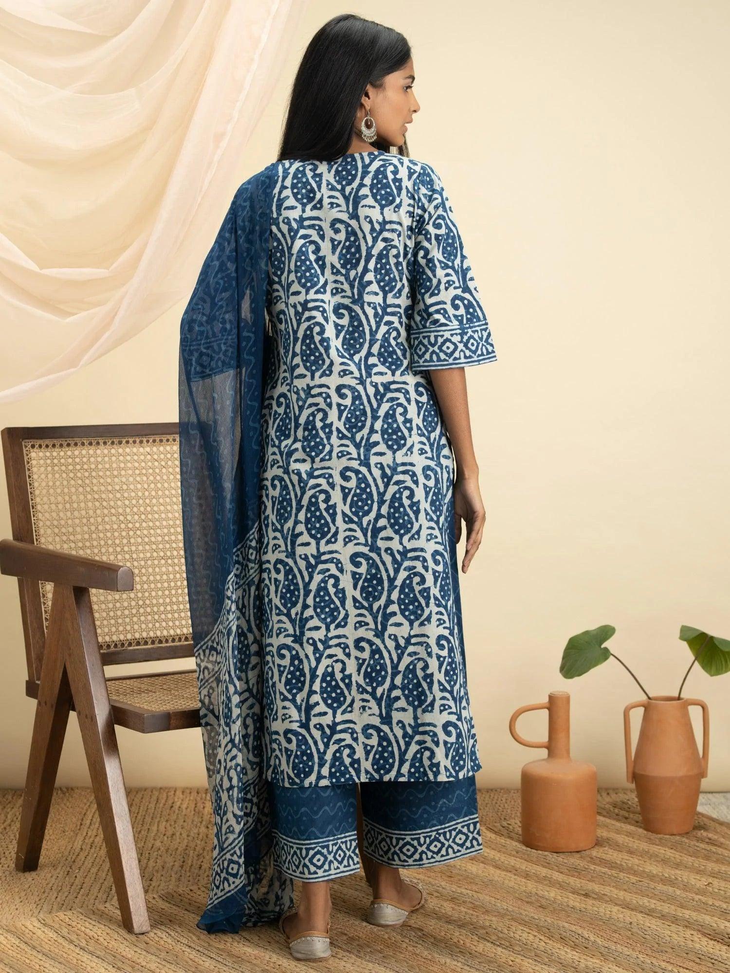 Indigo Printed Cotton Suit Set