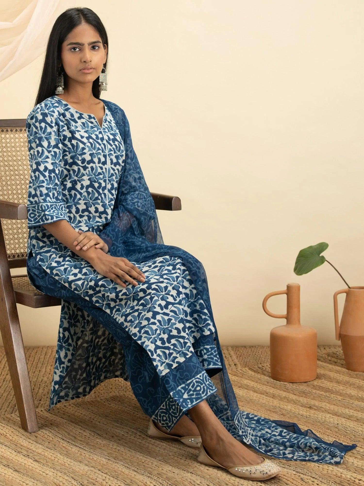 Indigo Printed Cotton Suit Set