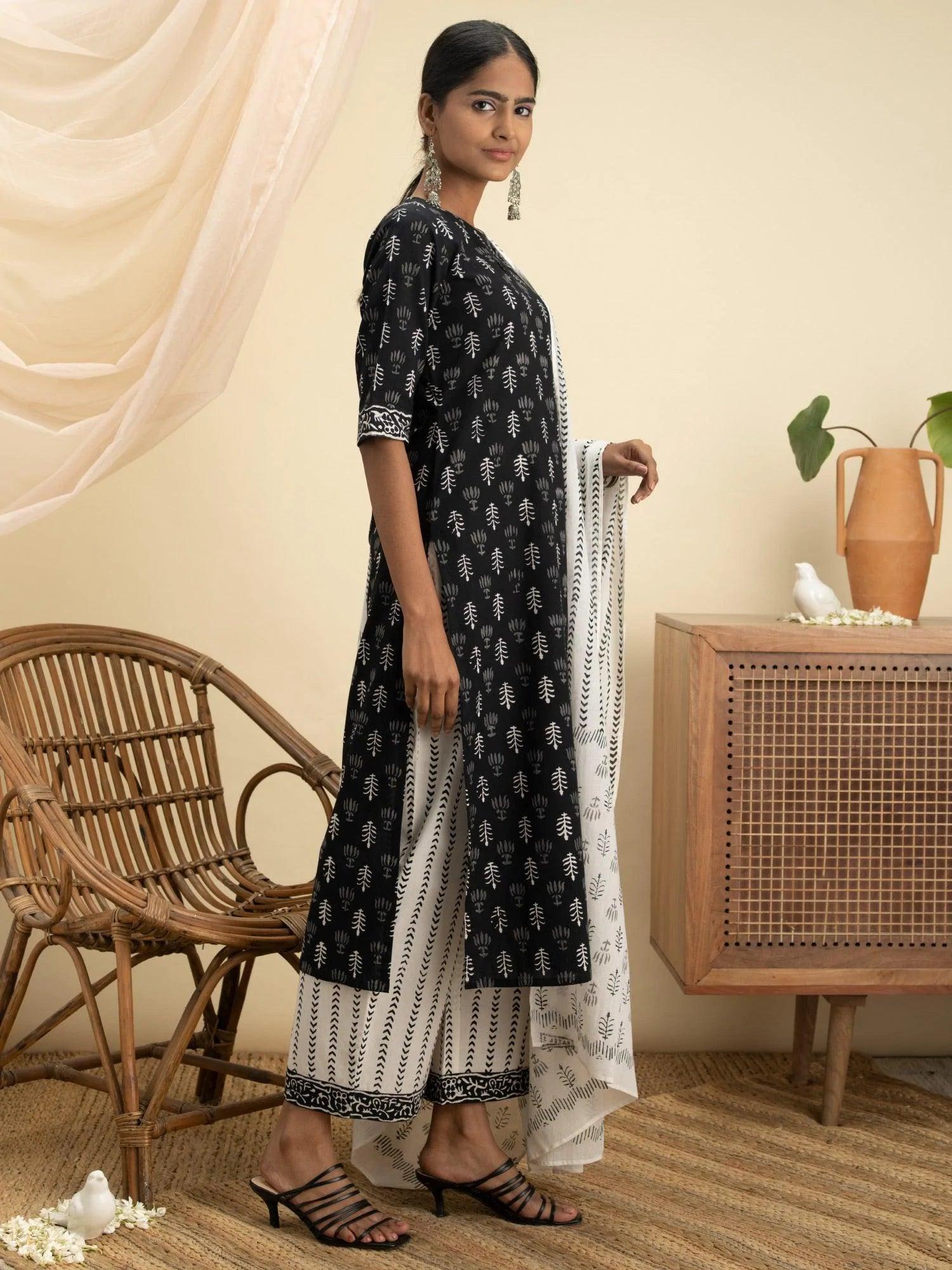 Black Printed Cotton Suit Set