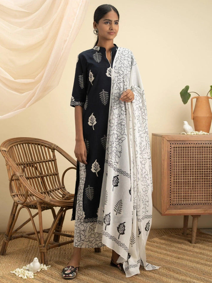 Black Printed Cotton Suit Set - ShopLibas