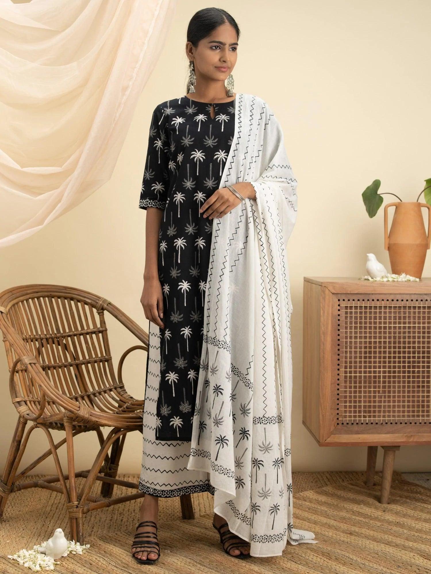 Black Printed Cotton Suit Set