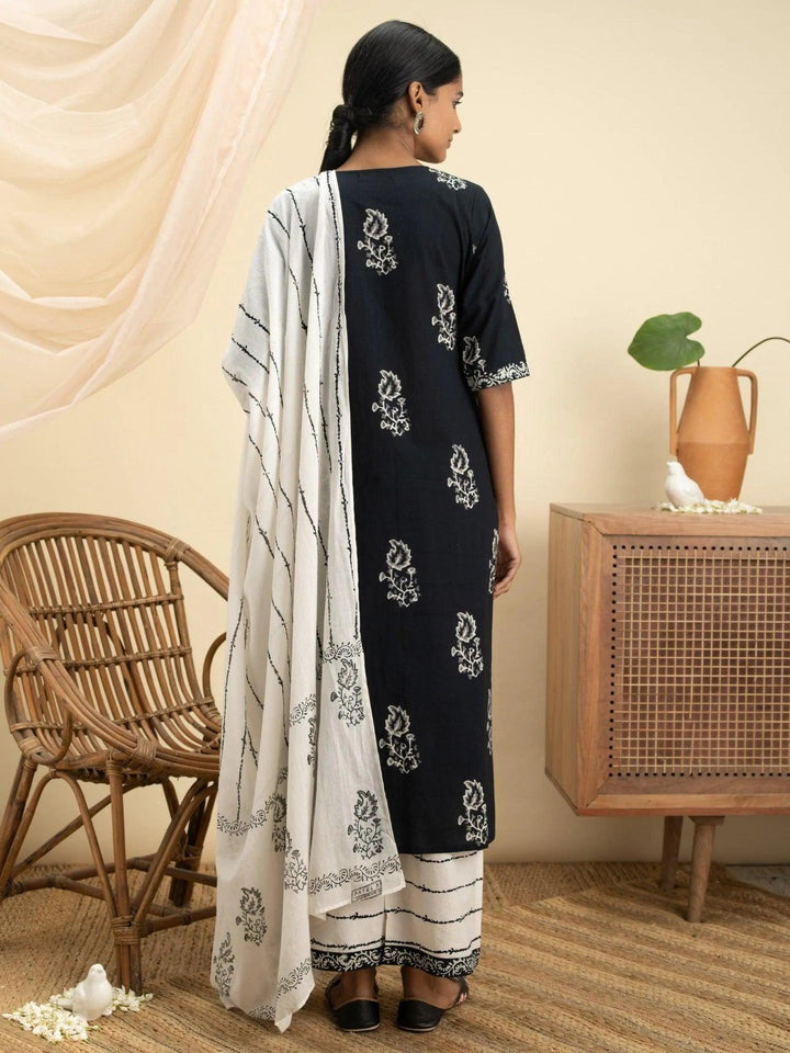 Black Printed Cotton Suit Set - ShopLibas