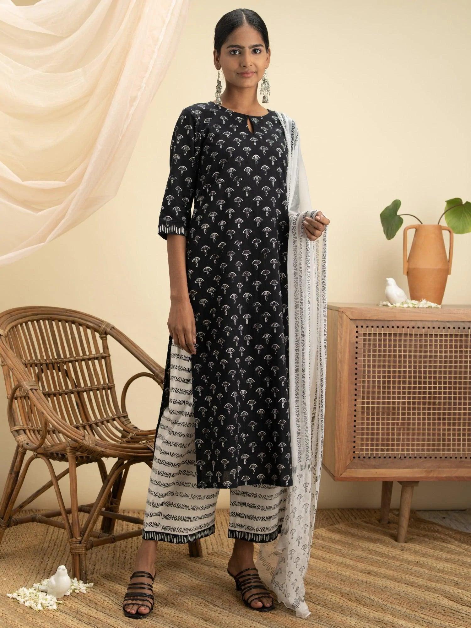 Black Printed Cotton Suit Set