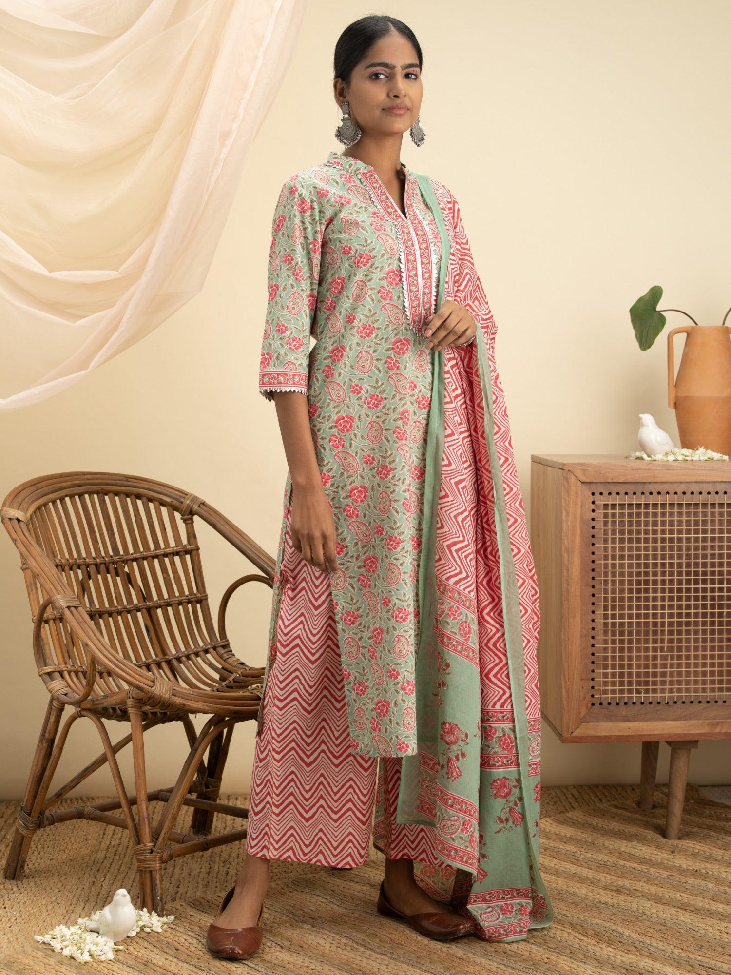 Green Printed Cotton Suit Set