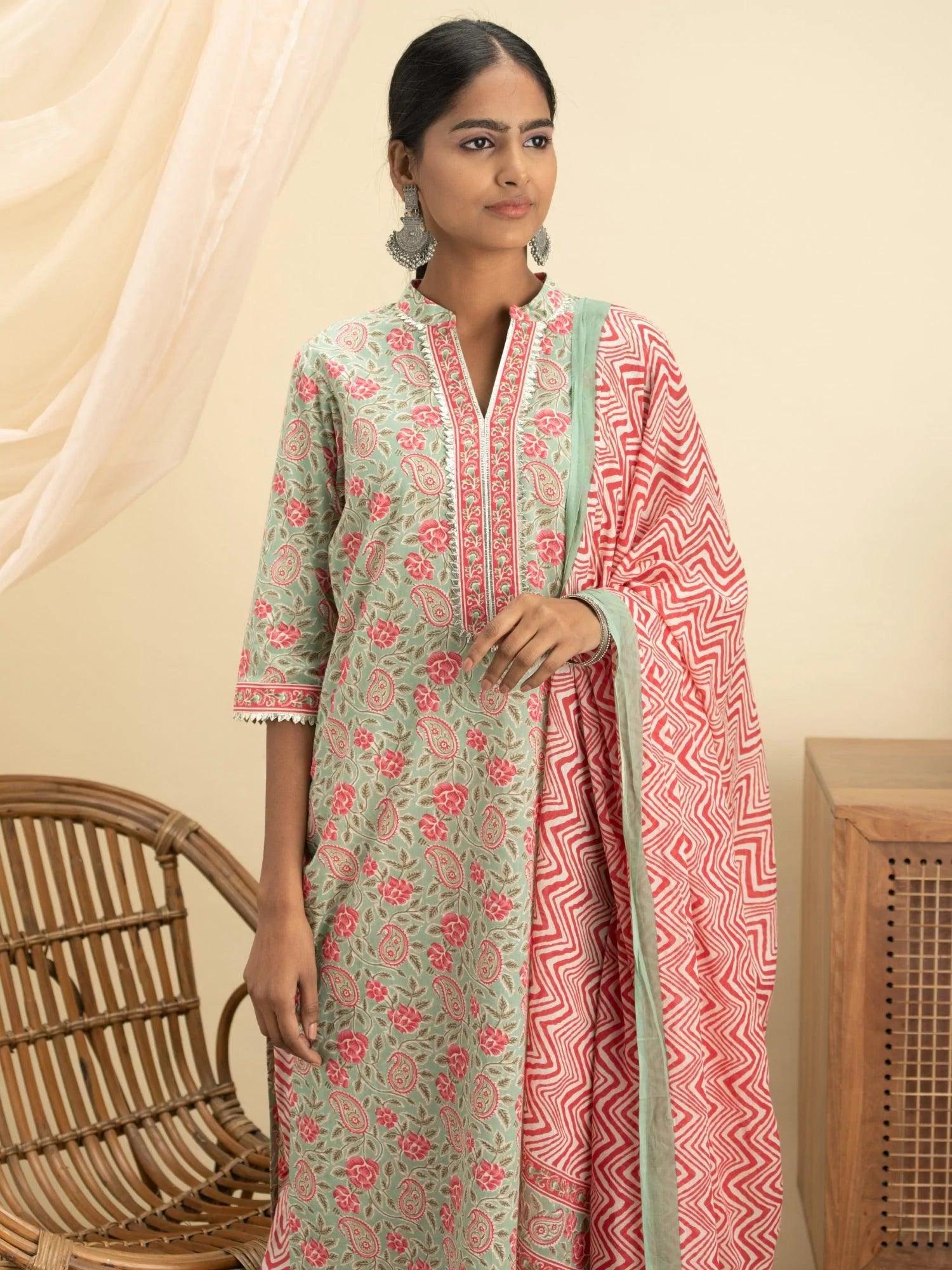 Green Printed Cotton Suit Set