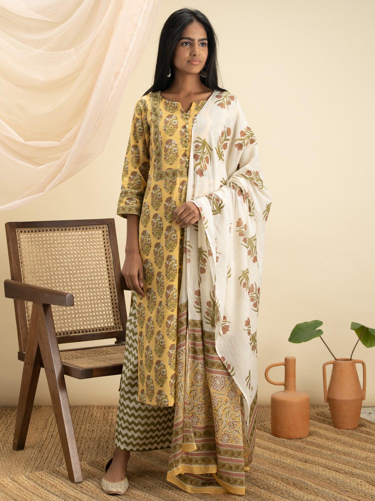 Yellow Printed Cotton Suit Set