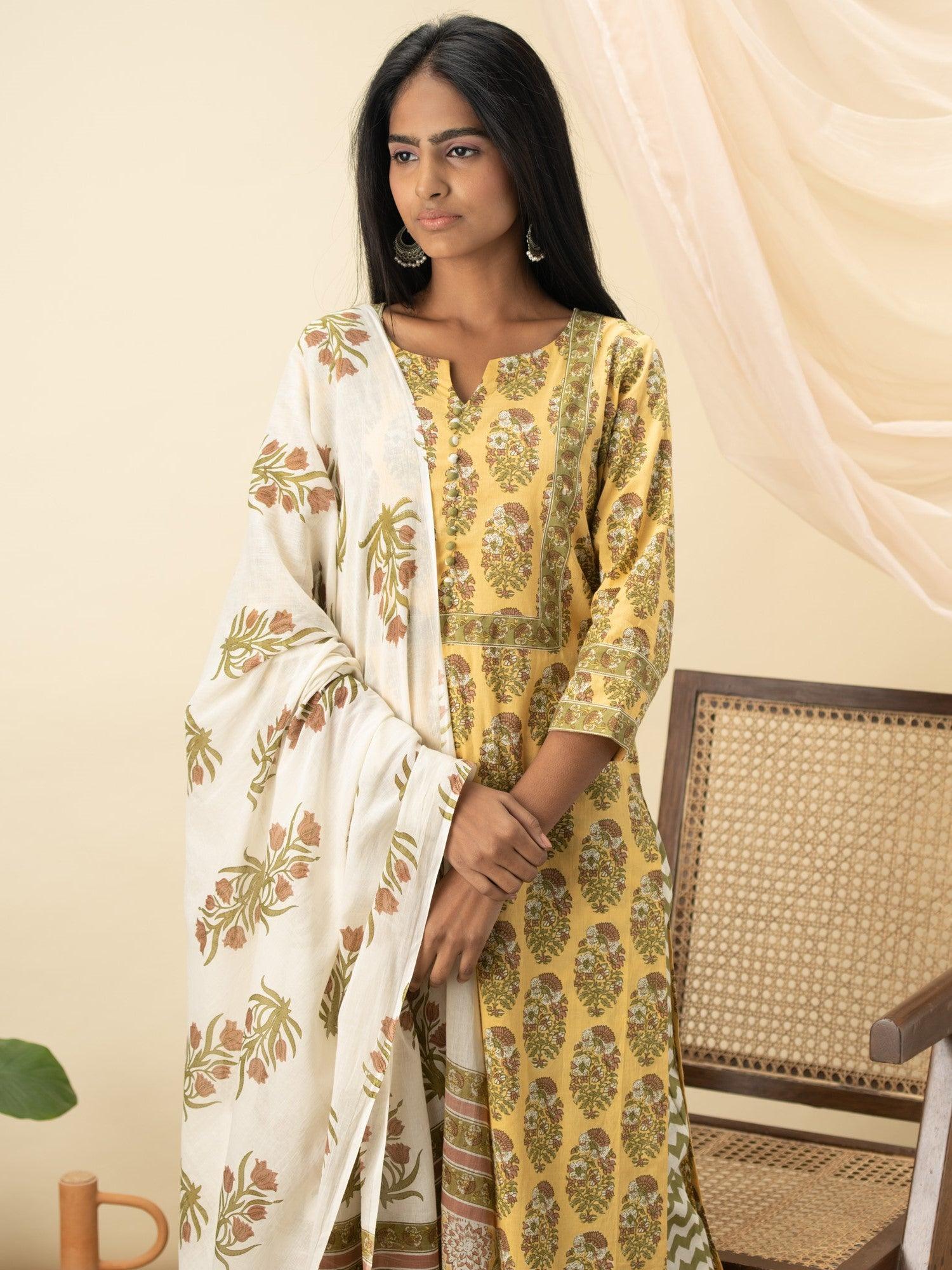 Yellow Printed Cotton Suit Set