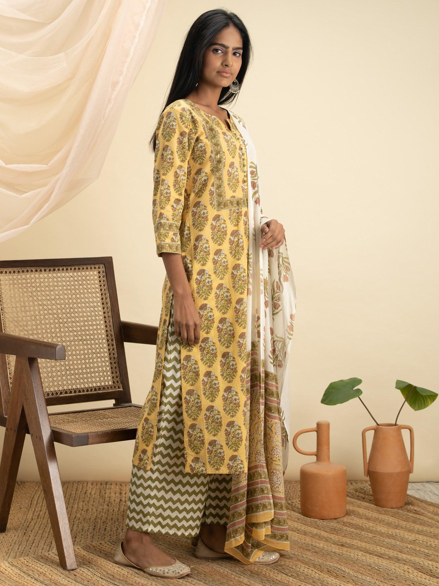 Yellow Printed Cotton Suit Set