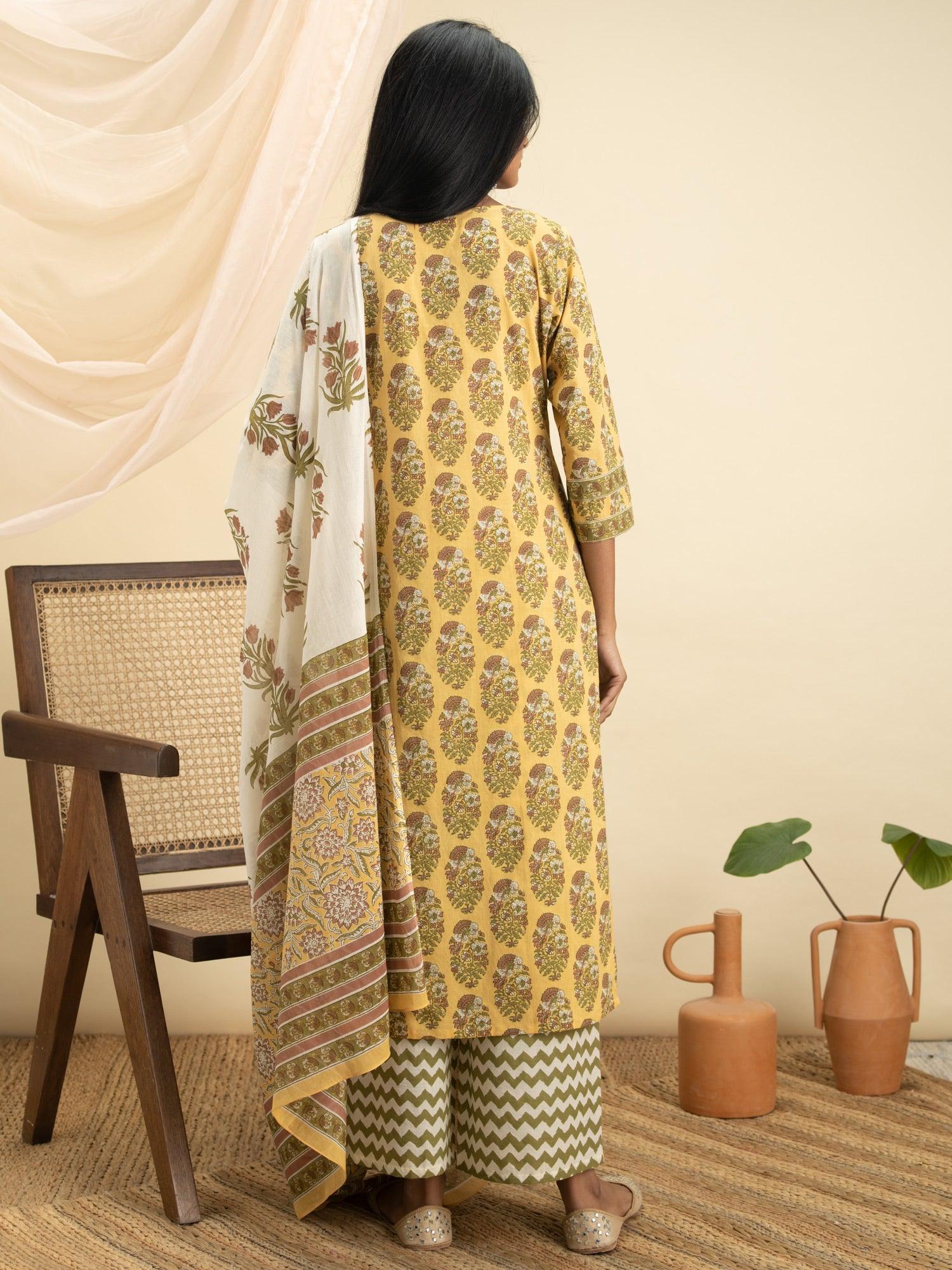 Yellow Printed Cotton Suit Set