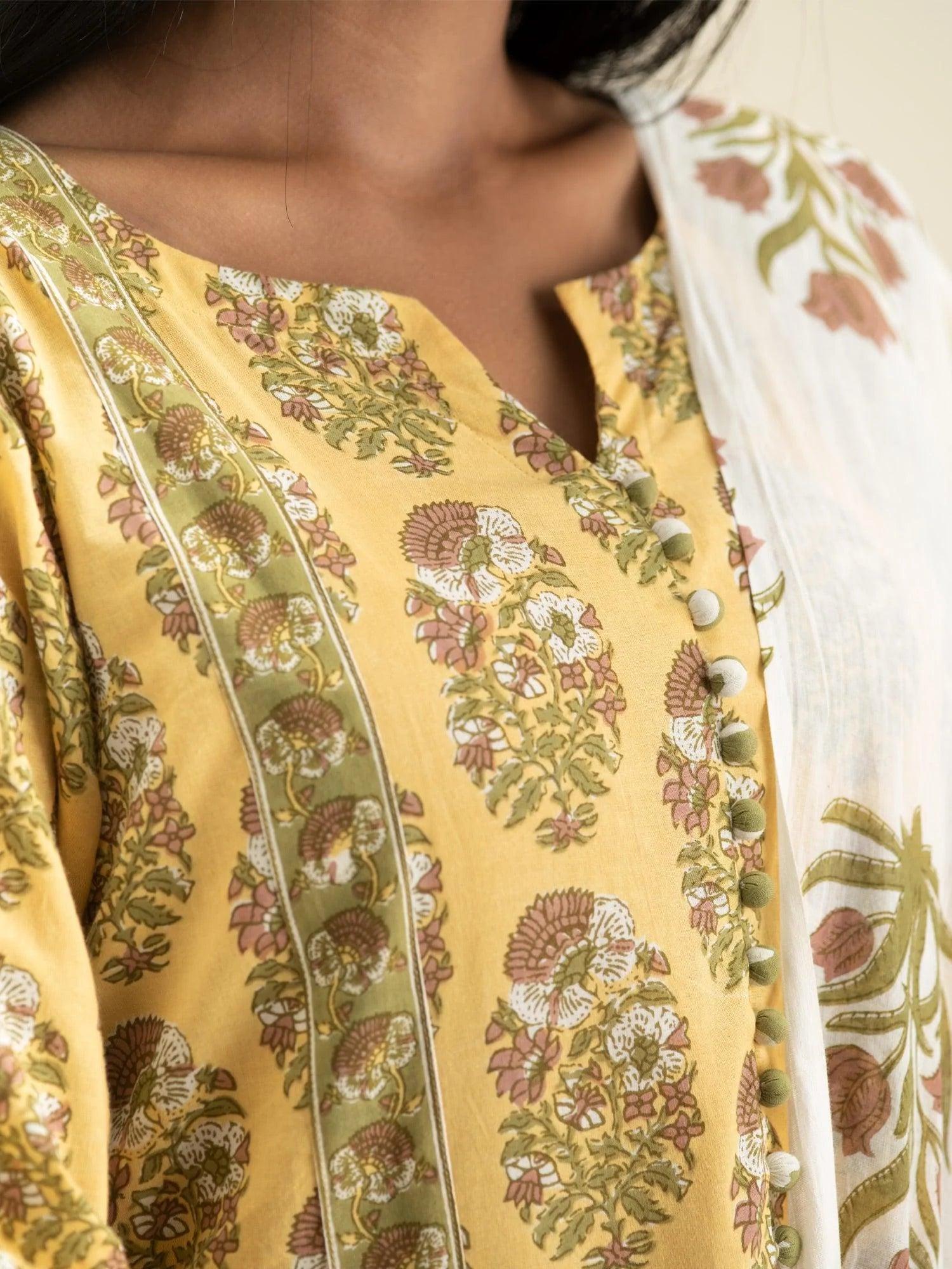 Yellow Printed Cotton Suit Set