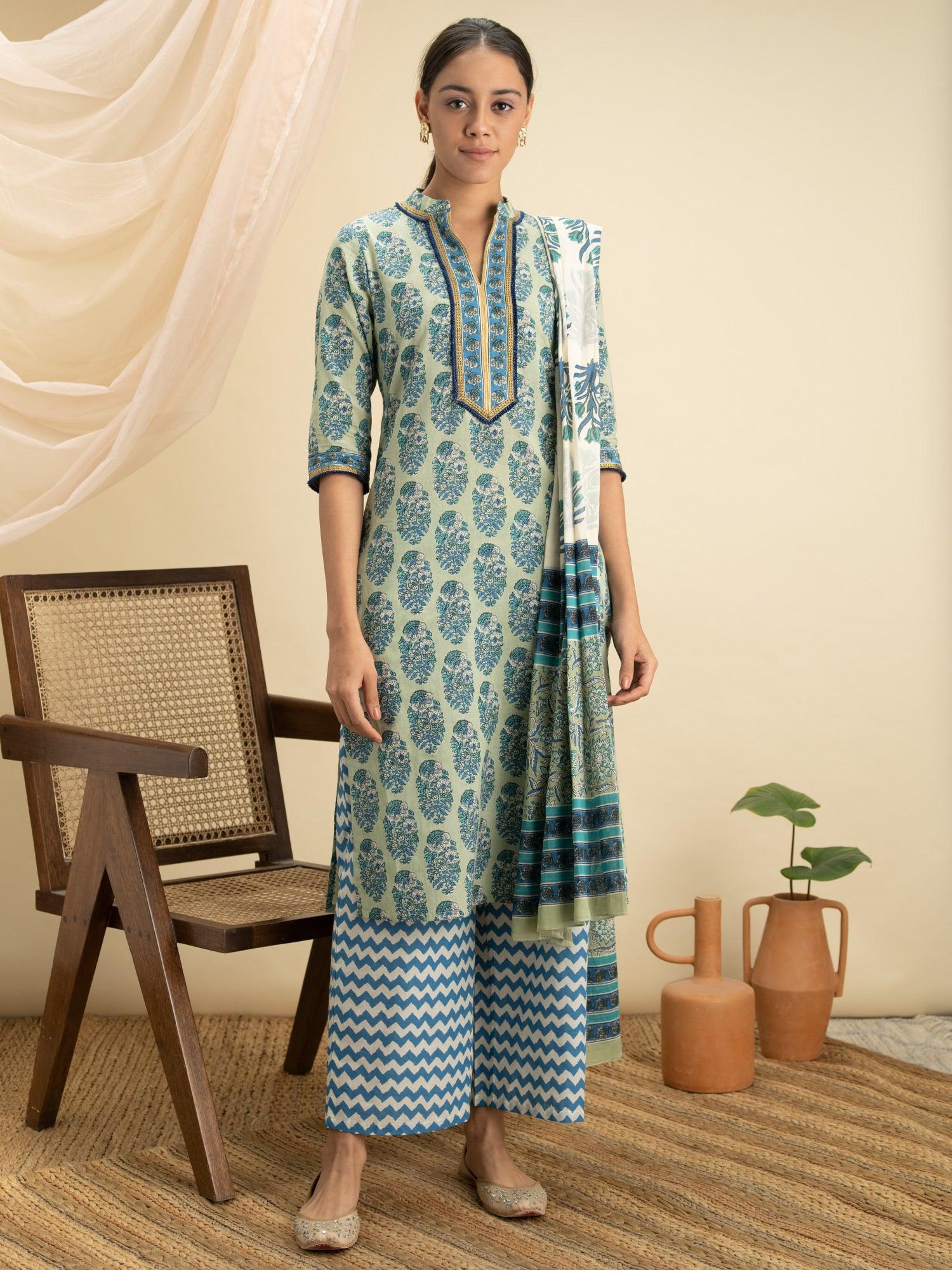 Blue Printed Cotton Suit Set